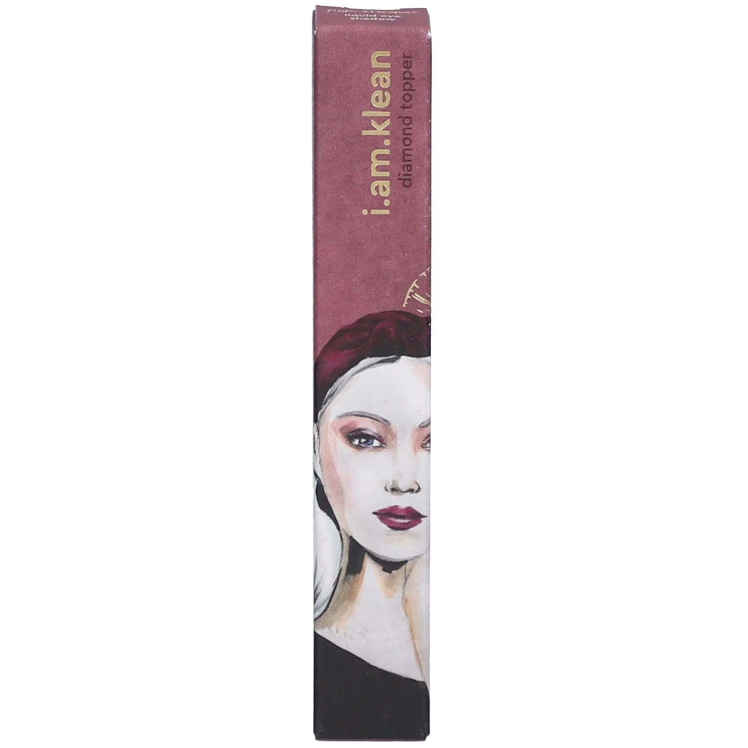 Schmale Verpackung mit Produktnamen i.am.klean diamond topper. Abbildung einer Frau mit Make-up.