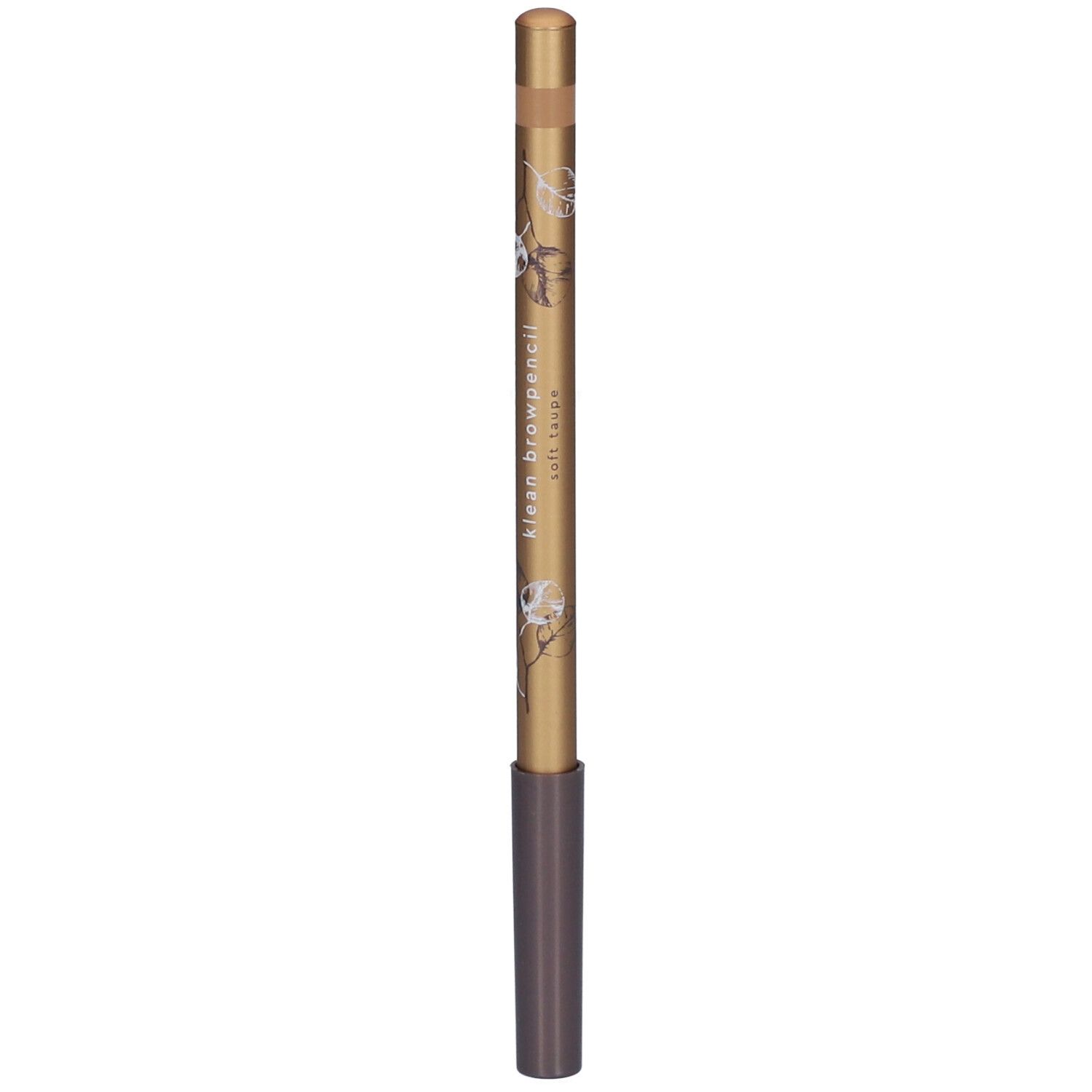 Goldfarbener Augenbrauenstift mit braunem Ende. Schriftzug: i.am.klean browpencil soft style. Blütenmuster.