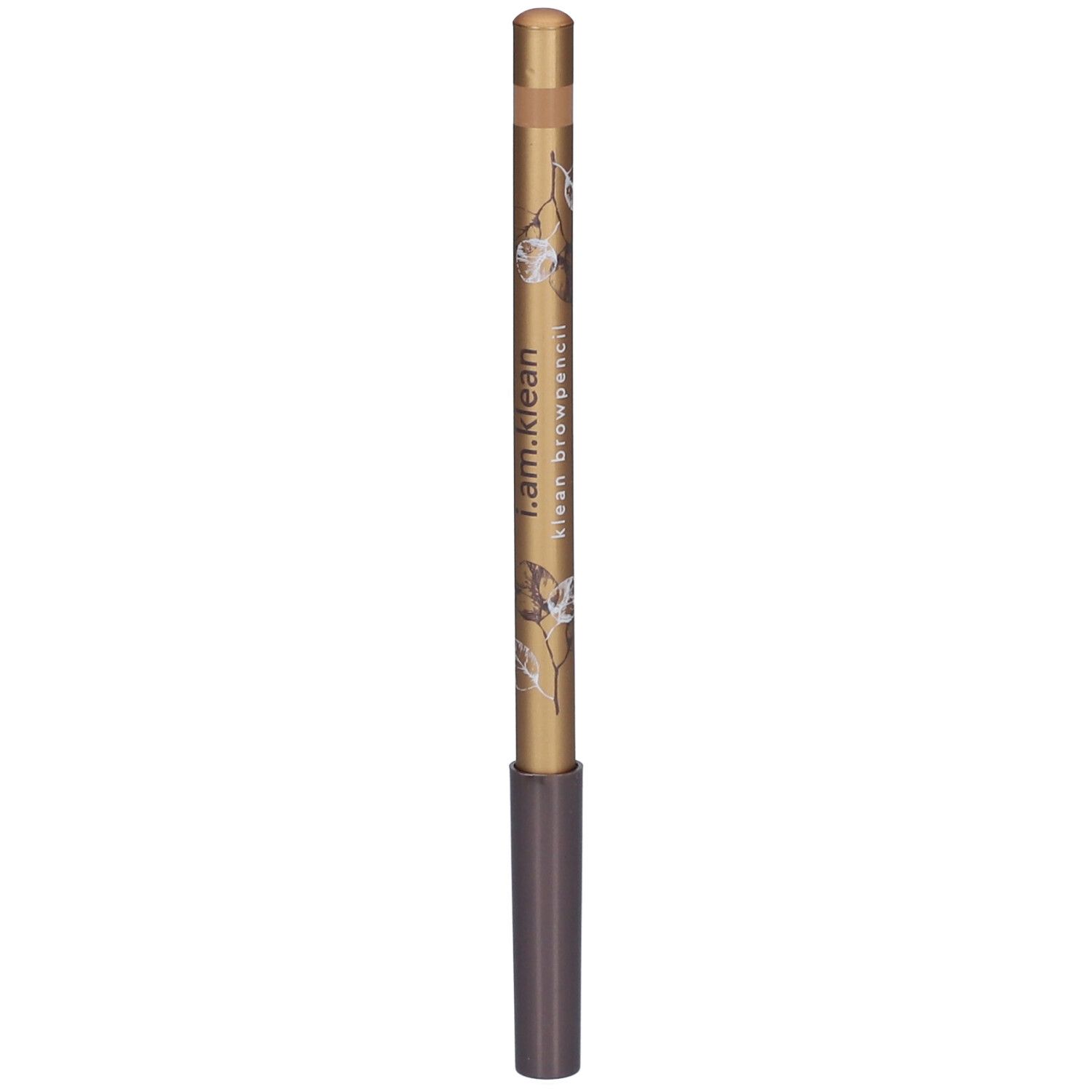 Goldfarbener Augenbrauenstift mit braunem Ende. Schriftzug: i.am.klean browpencil. Blütenmuster.