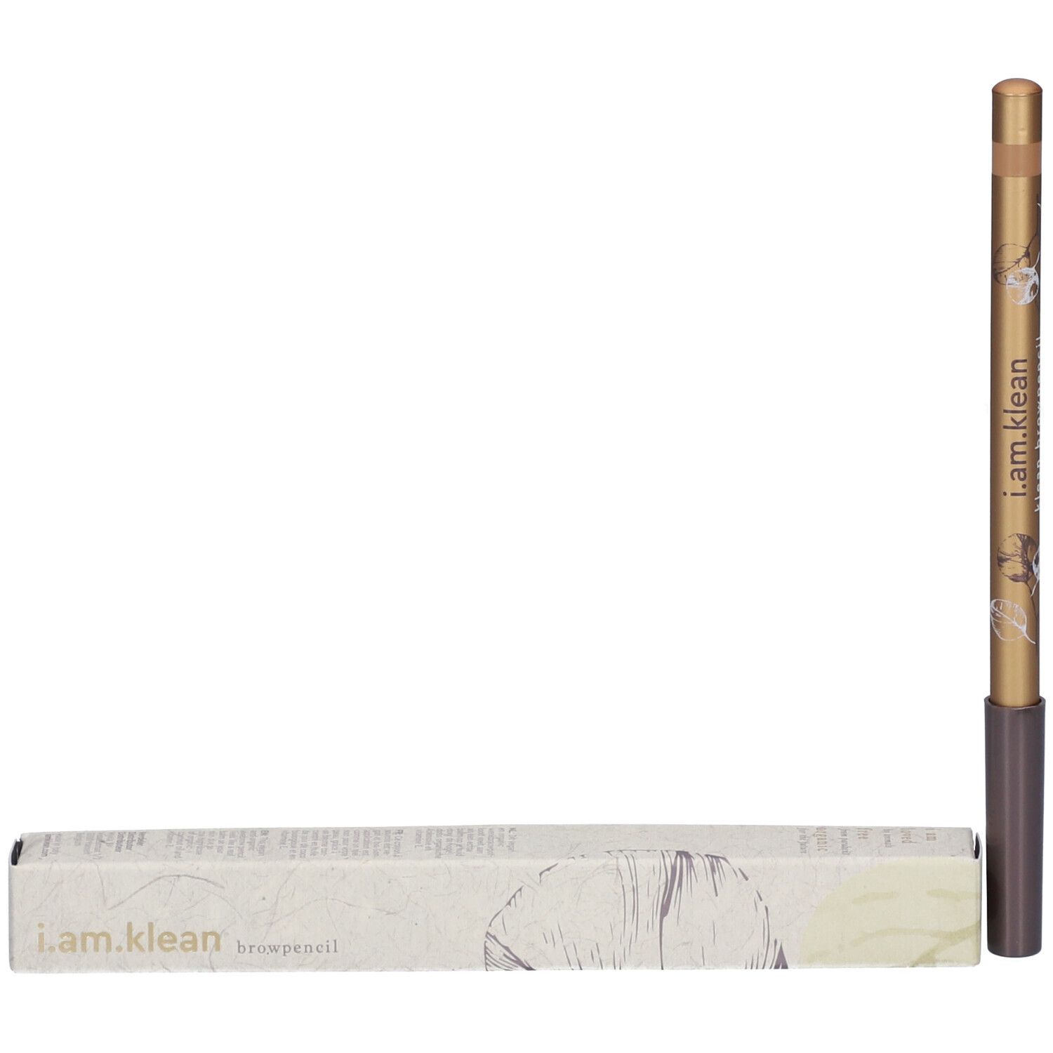 Augenbrauenstift und Verpackung. Stift goldfarben, braunes Ende. Verpackung: i.am.klean browpencil.