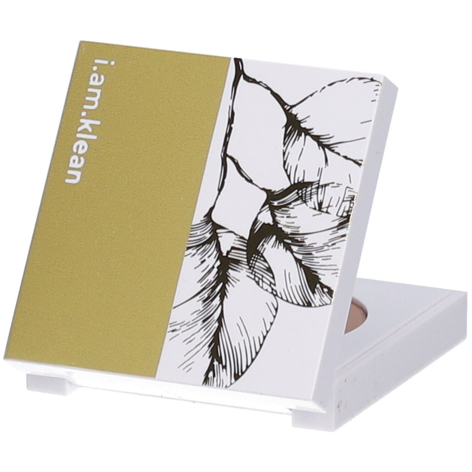 Geopende witte etui met Duo wenkbrauwpoeder. Gouden verpakking met witte tekst i.am.klean. Bloemenillustratie.