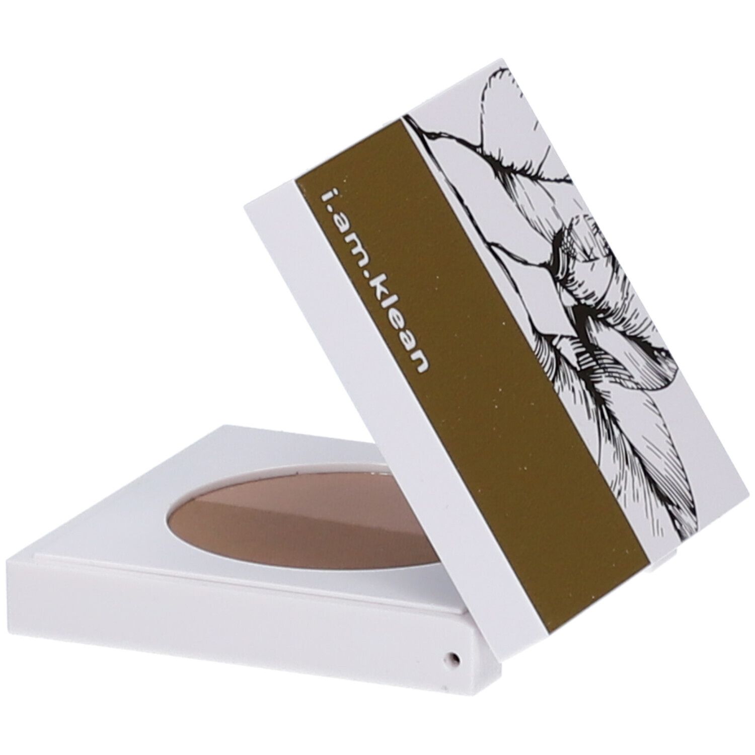 Witte etui met Duo wenkbrauwpoeder, geopend. Gouden verpakking met witte tekst i.am.klean. Bloemenillustratie.