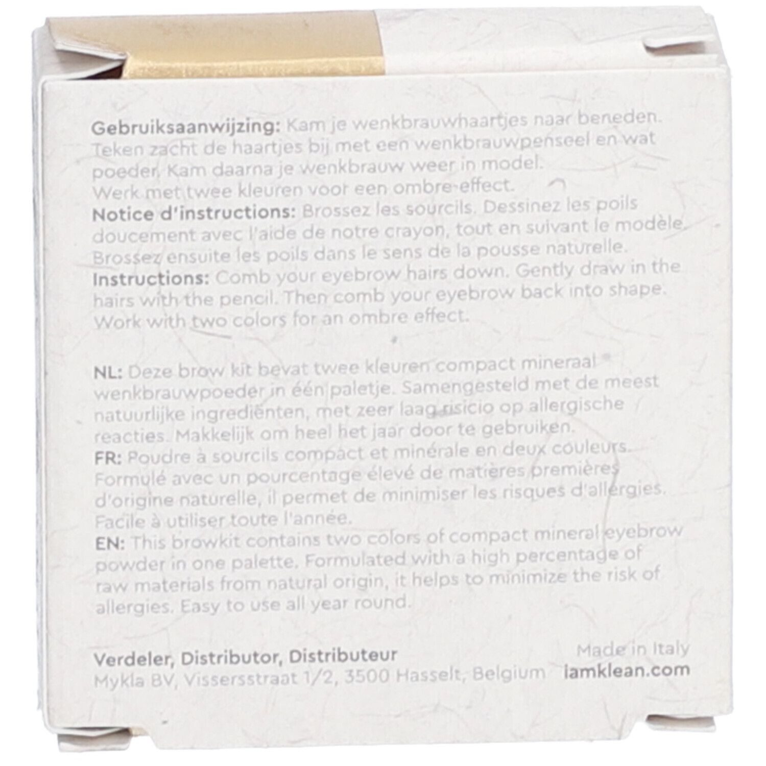 Achterkant van de verpakking. Gebruiksaanwijzing in meerdere talen. Opdruk: Made in Italy.