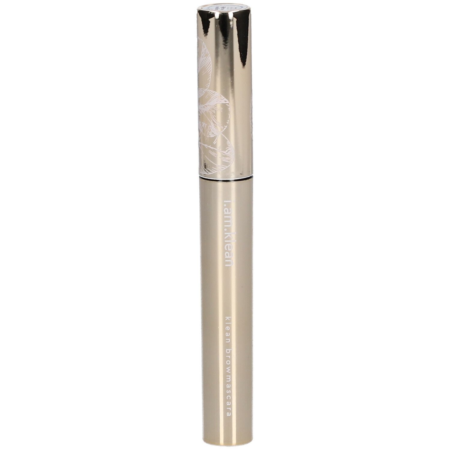 Gouden mascarabuis met zilveren dop. 'i.am.klean brow mascara' staat op de buis.