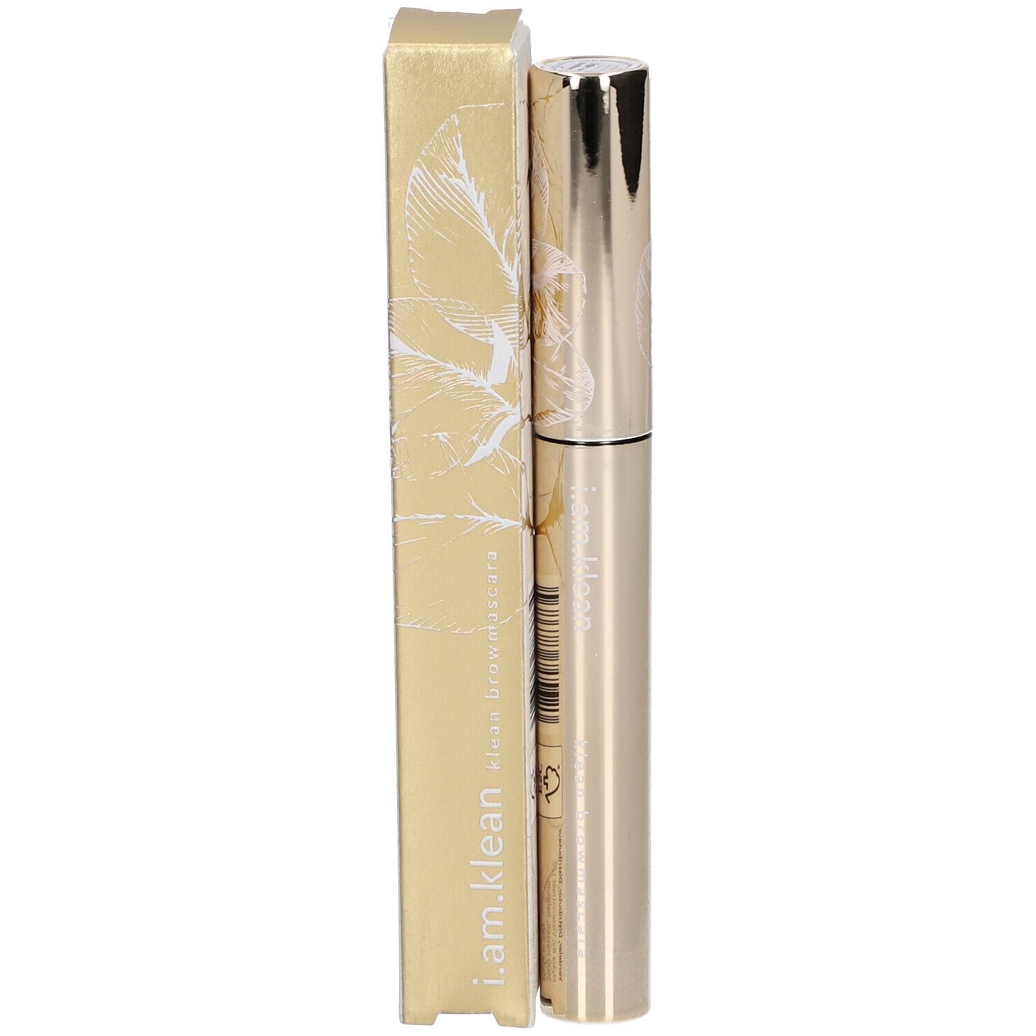 Gouden mascarabuis en gouden verpakking. 'i.am.klean brow mascara' staat op de verpakking.
