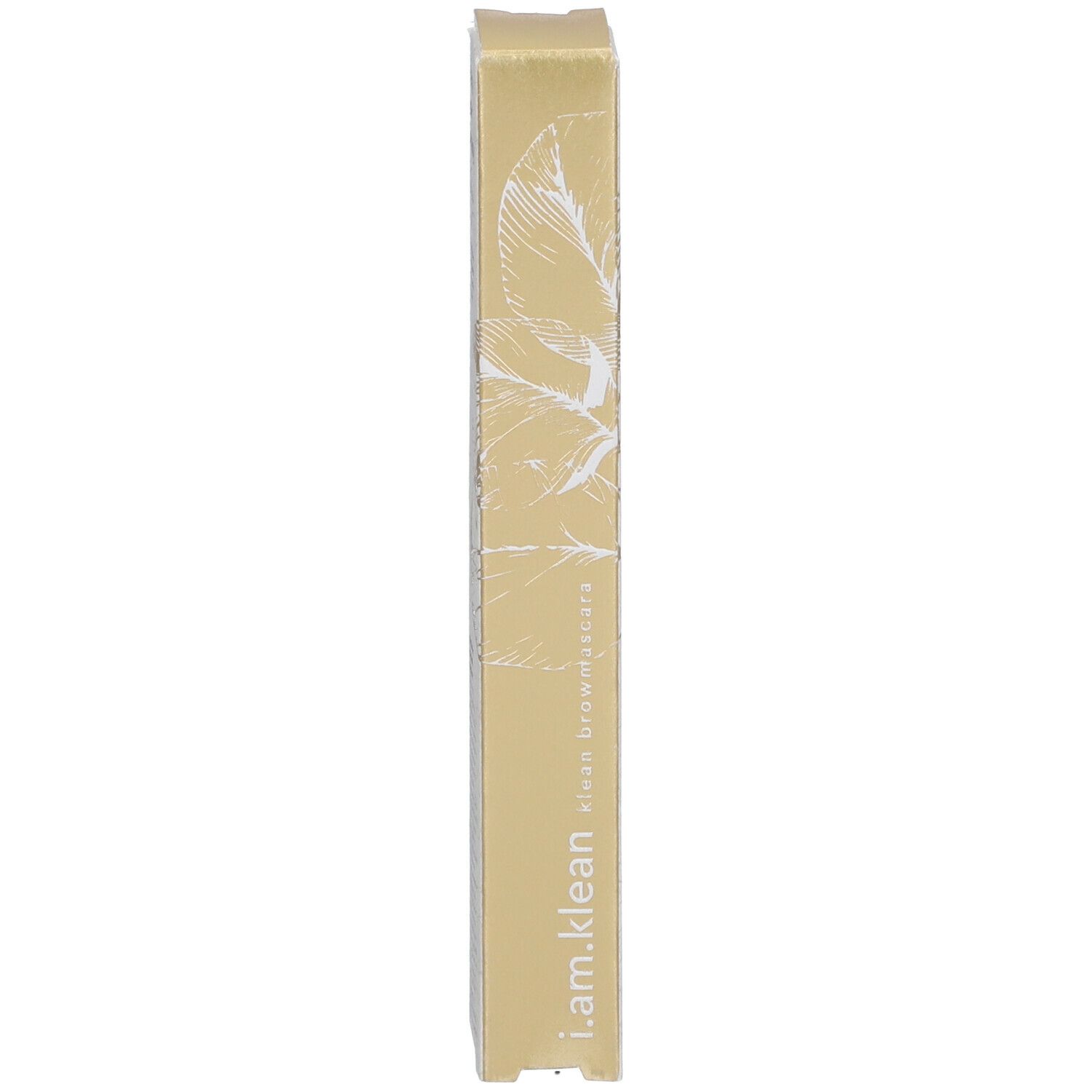 Gouden verpakking met wit bladpatroon en de tekst 'i.am.klean brow mascara'.