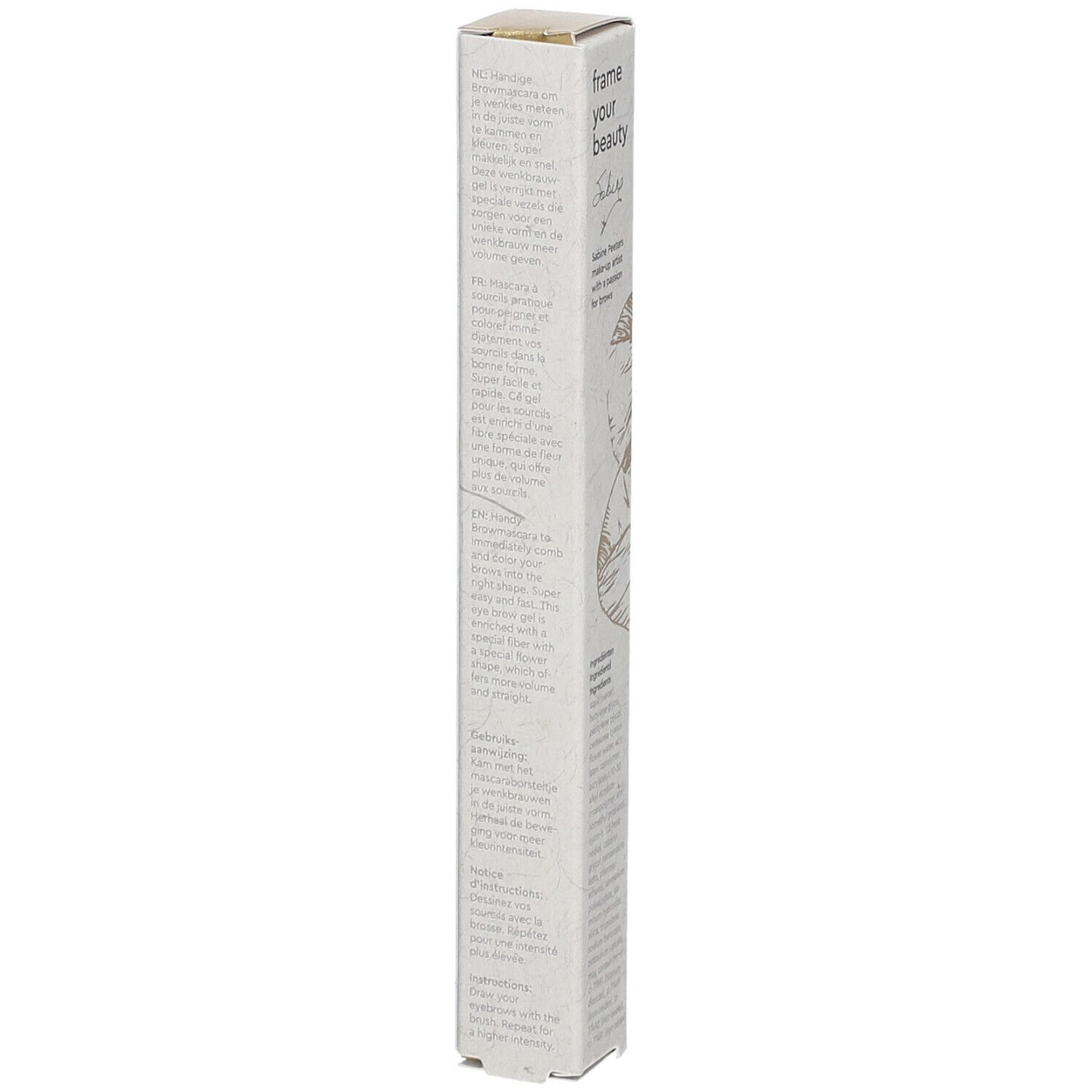 Verpackung von i.am.klean Brow Mascara. Text in Deutsch, Französisch, Italienisch, Niederländisch. Mit floralem Muster.