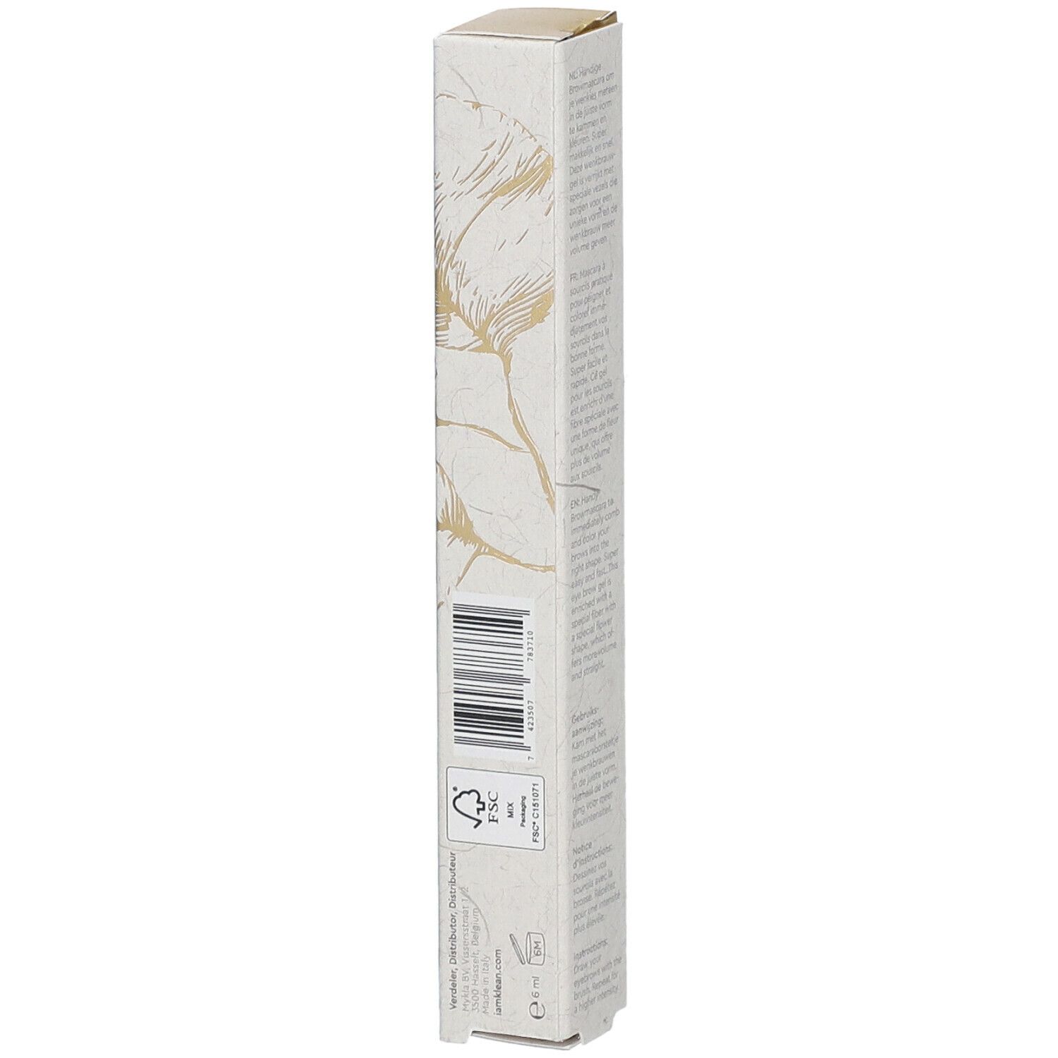 Verpackung von i.am.klean Brow Mascara. Mit Barcode, FSC-Logo und Recycling-Symbol. Mit floralem Muster.