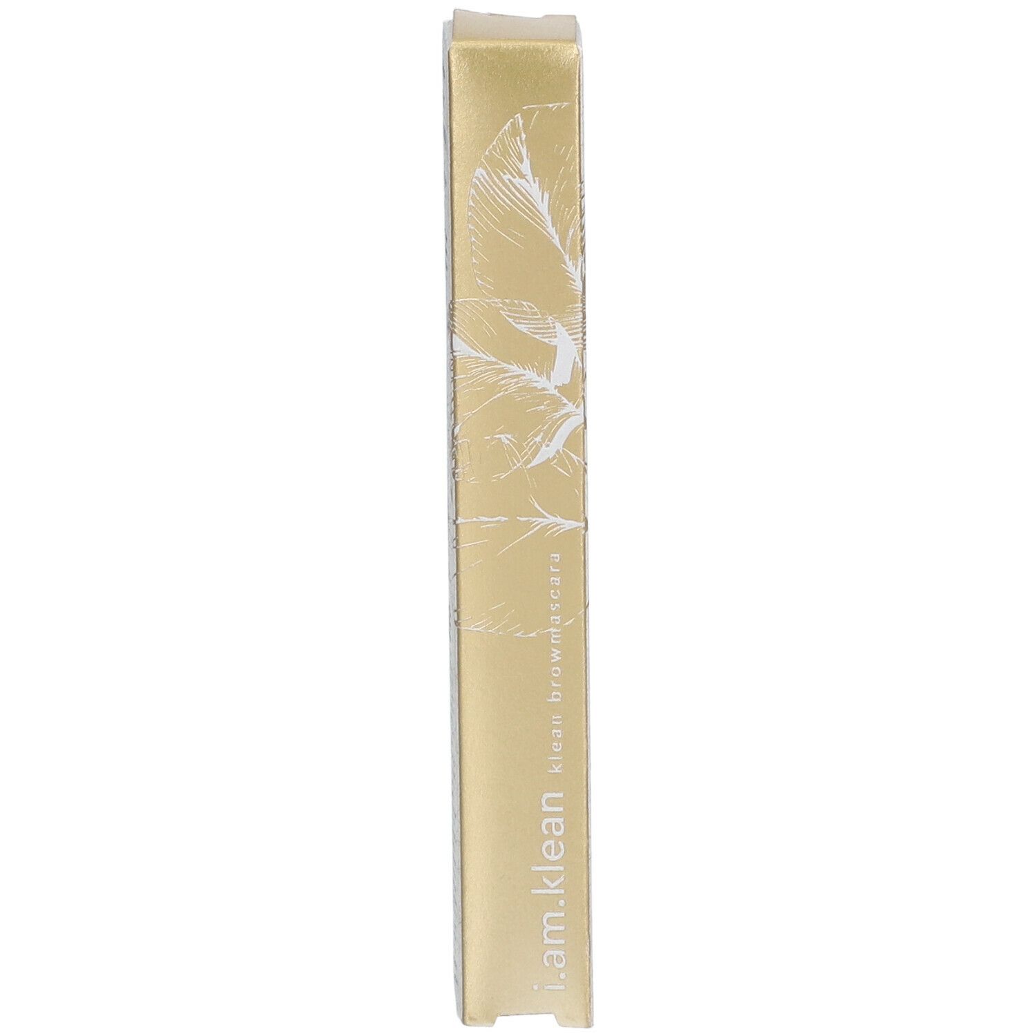 Goldfarbene Verpackung von i.am.klean Brow Mascara. Aufdruck: i.am.klean, klean browmascara. Mit floralem Muster.
