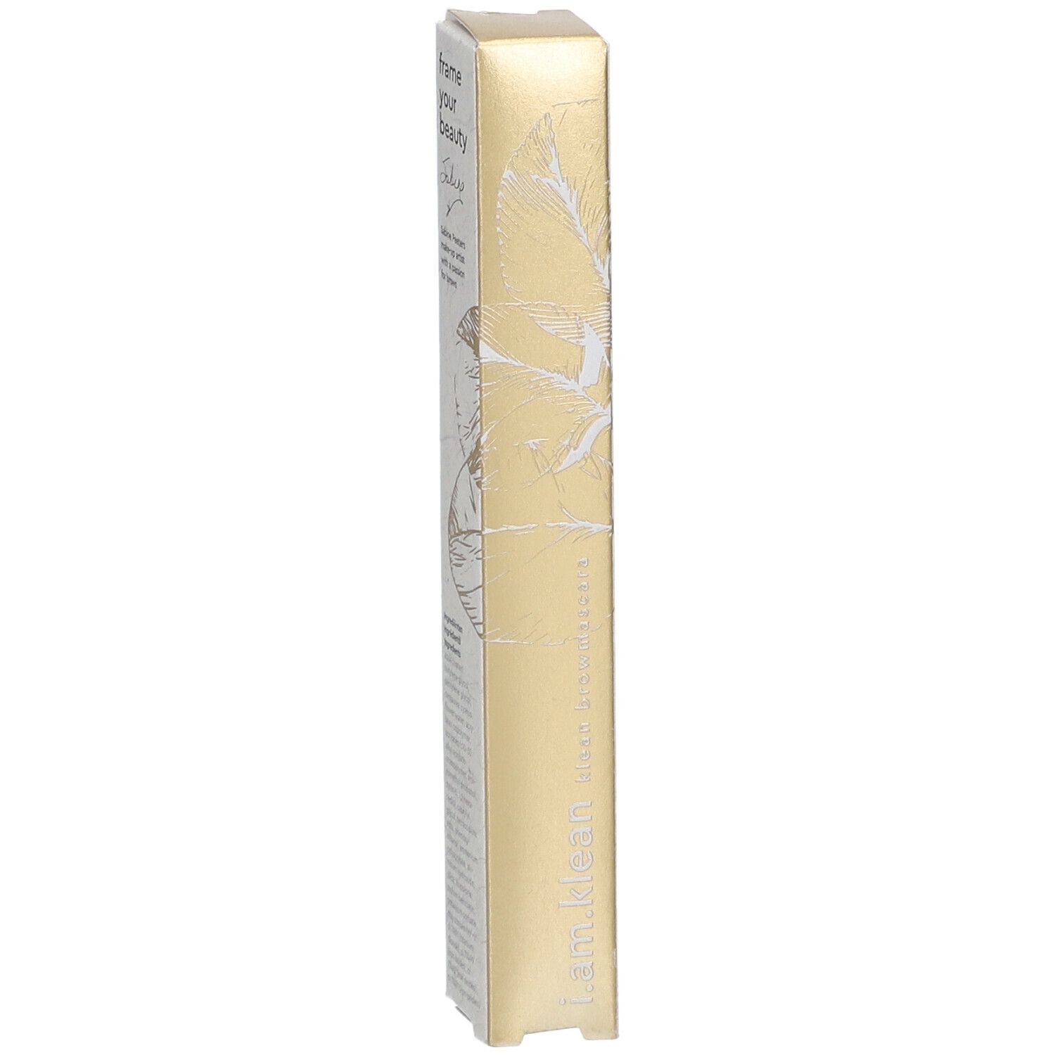 Goldfarbene Verpackung von i.am.klean Brow Mascara. Aufdruck: i.am.klean, klean browmascara. Mit floralem Muster.