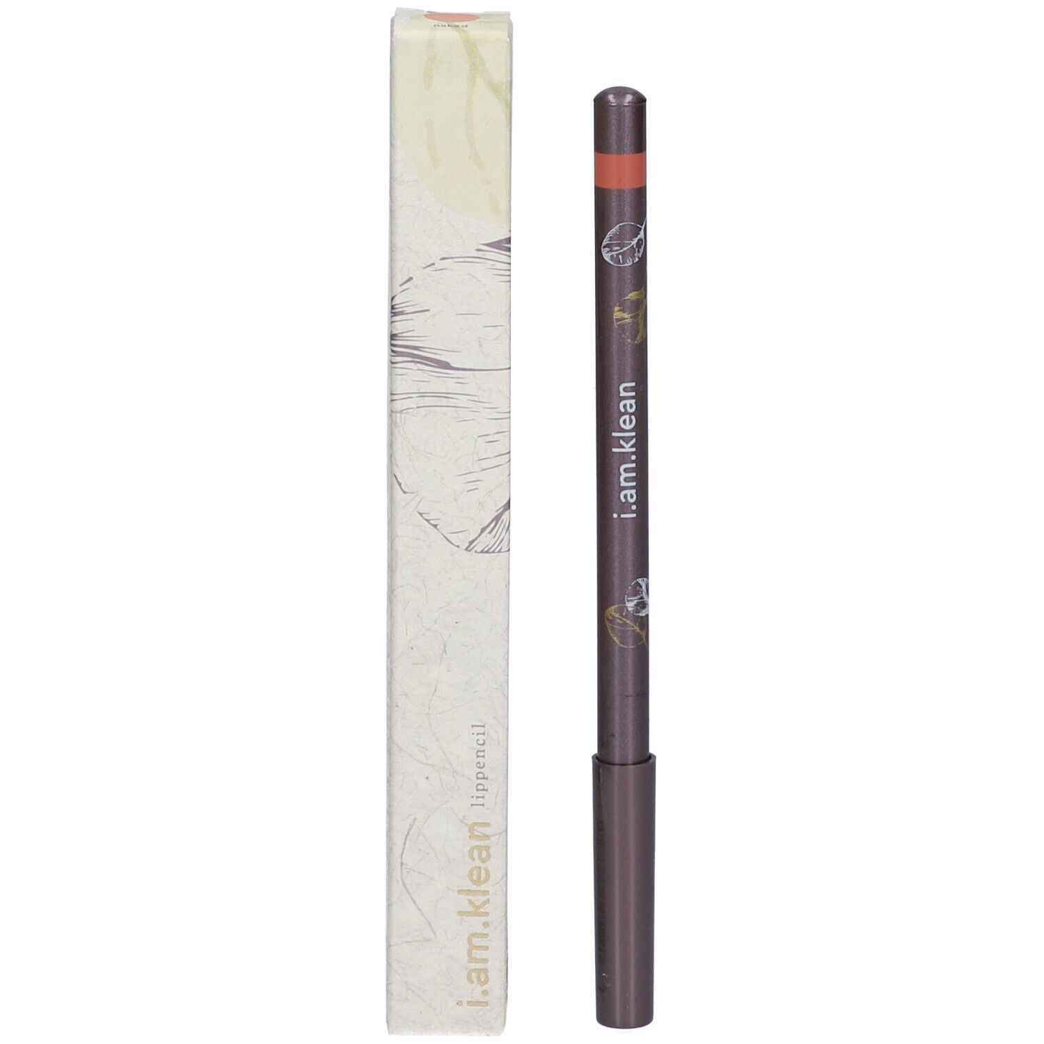 Lippenstiftstift und Verpackung. Aufschrift i.am.klean Lippenstift. Verpackung mit floralem Muster.