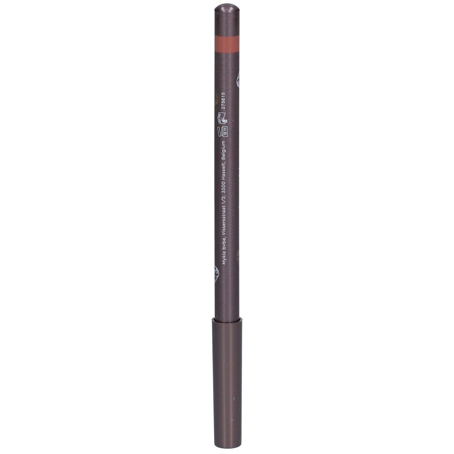 Lippenstift in Nude-Farbe. Dunkelbraune Hülse mit Schriftzug i.am.klean. Spitze in Nude. Mit floralen Verzierungen.