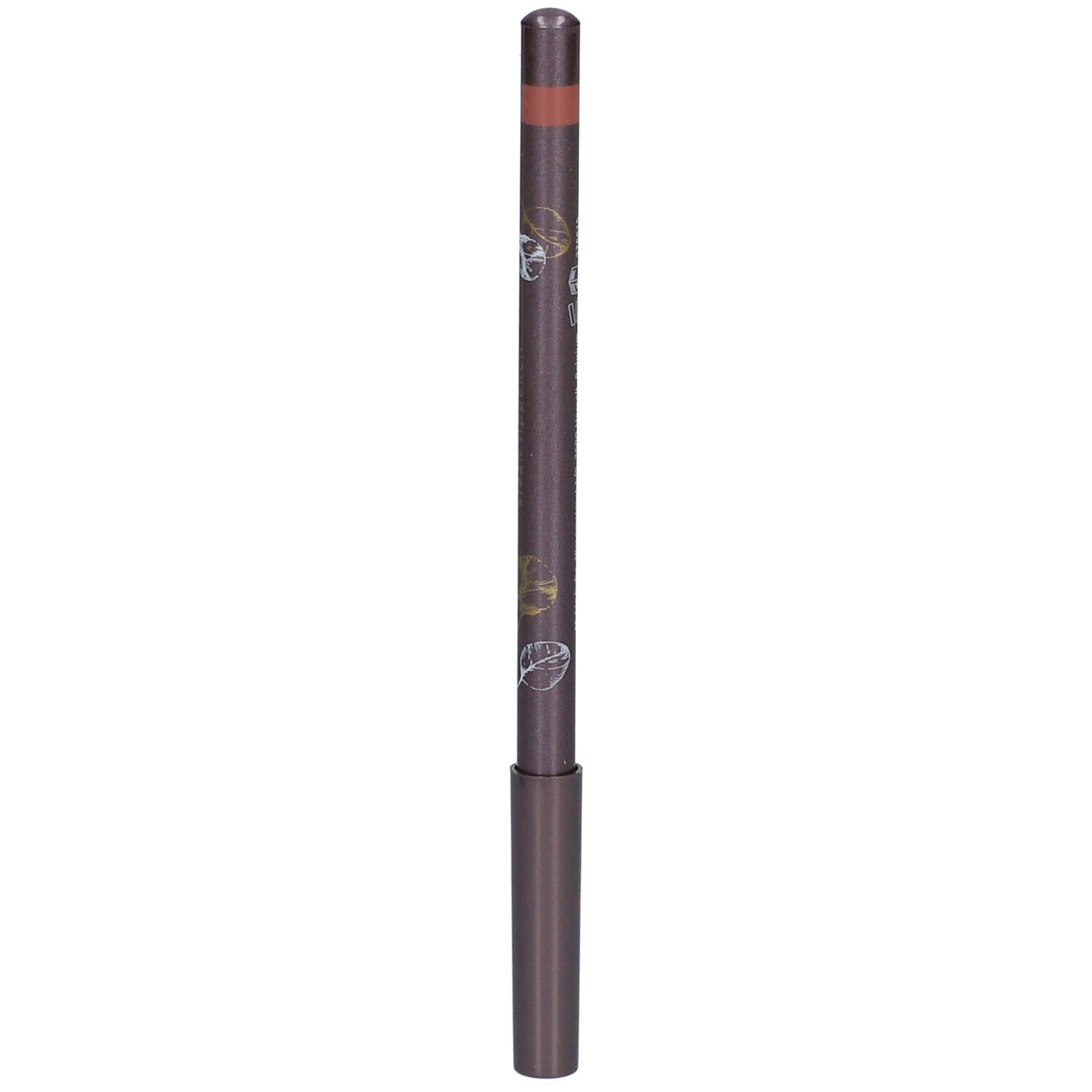 Lippenstift in Nude-Farbe. Dunkelbraune Hülse mit Schriftzug i.am.klean. Spitze in Nude. Mit floralen Verzierungen.