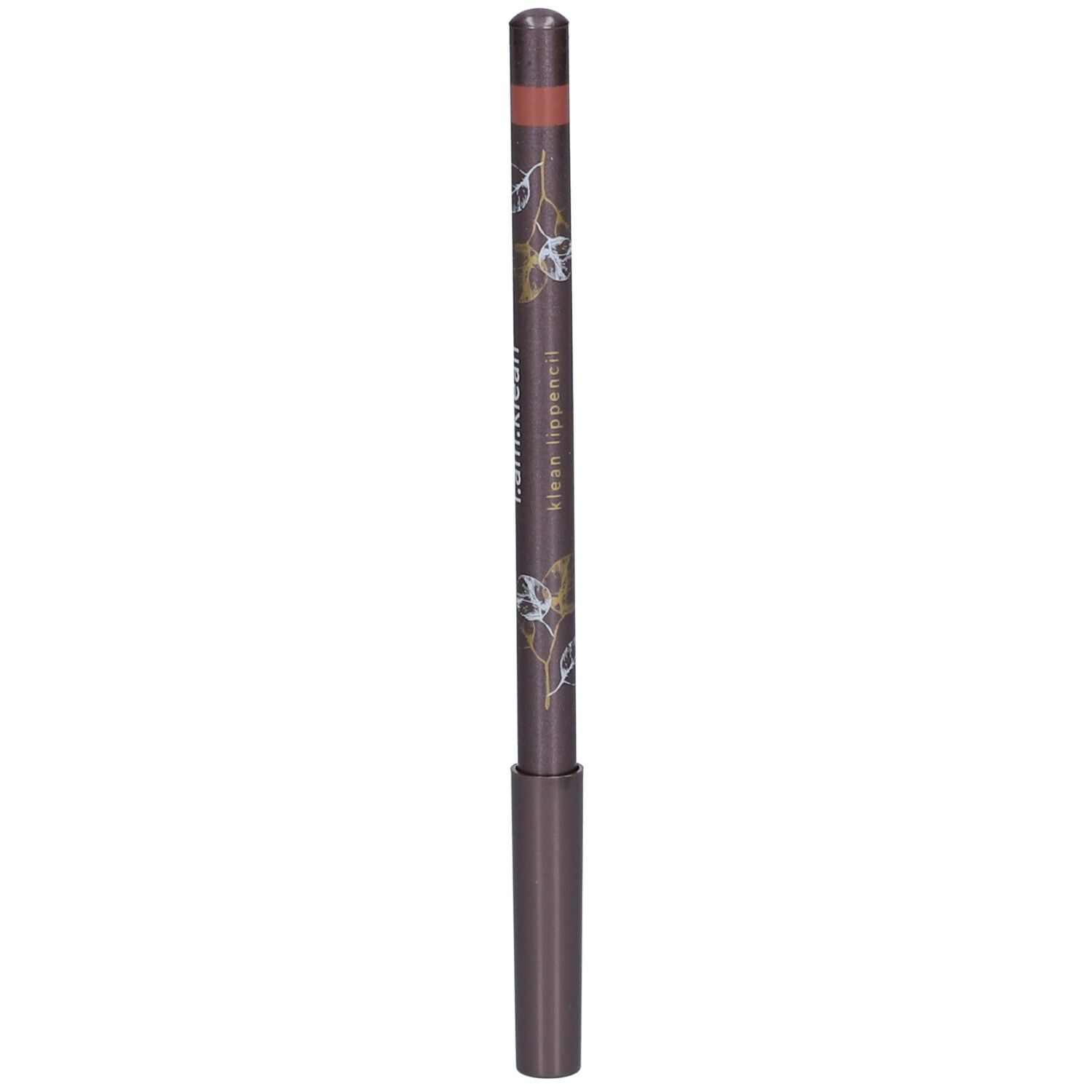 Lippenstift in Nude-Farbe. Dunkelbraune Hülse mit Schriftzug i.am.klean. Spitze in Nude. Mit floralen Verzierungen.