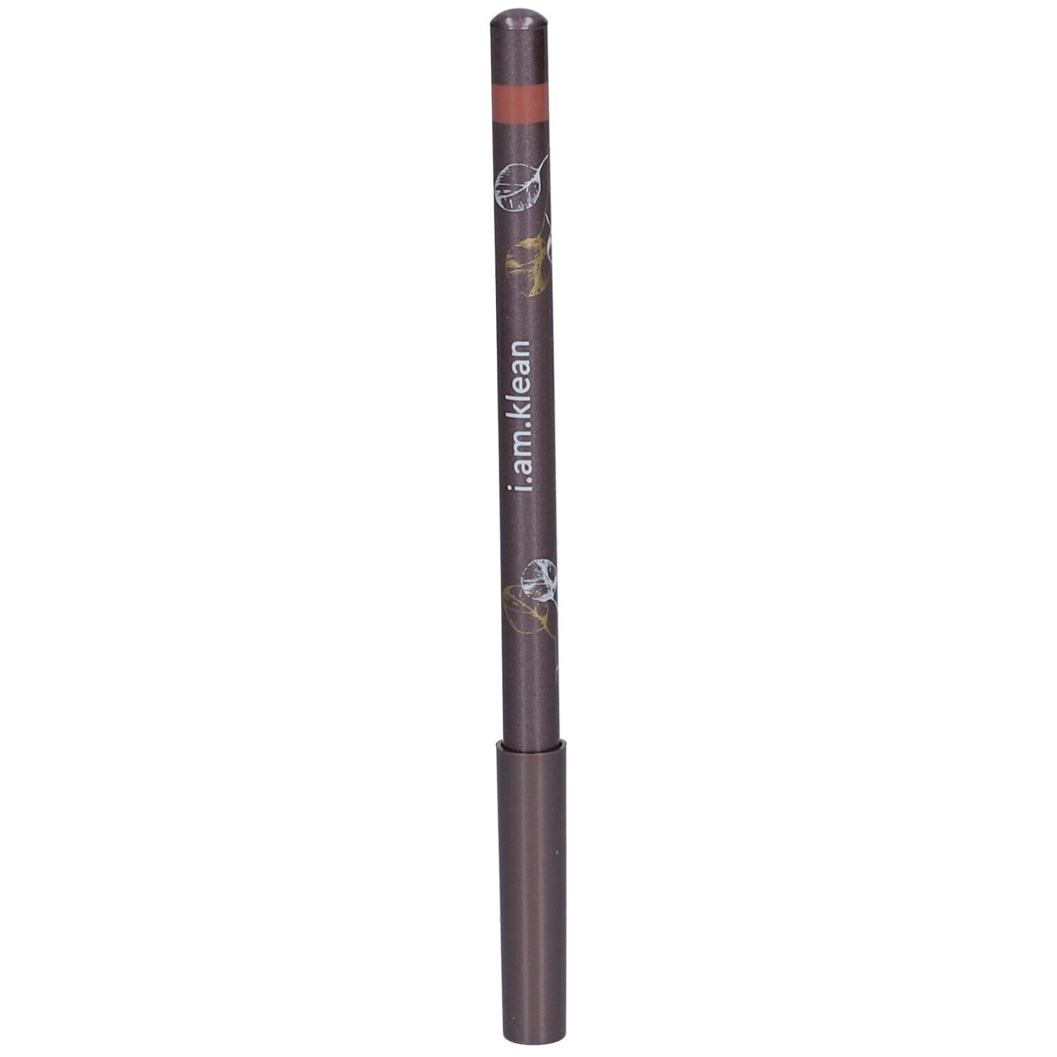 Lippenstift in Nude-Farbe. Dunkelbraune Hülse mit Schriftzug i.am.klean. Spitze in Nude. Mit floralen Verzierungen.
