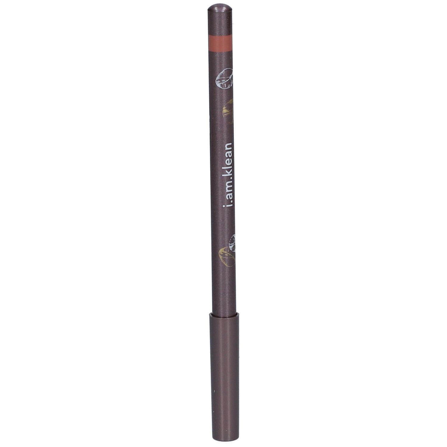 Lippenstift in Nude-Farbe. Dunkelbraune Hülse mit Schriftzug i.am.klean. Spitze in Nude. Mit floralen Verzierungen.