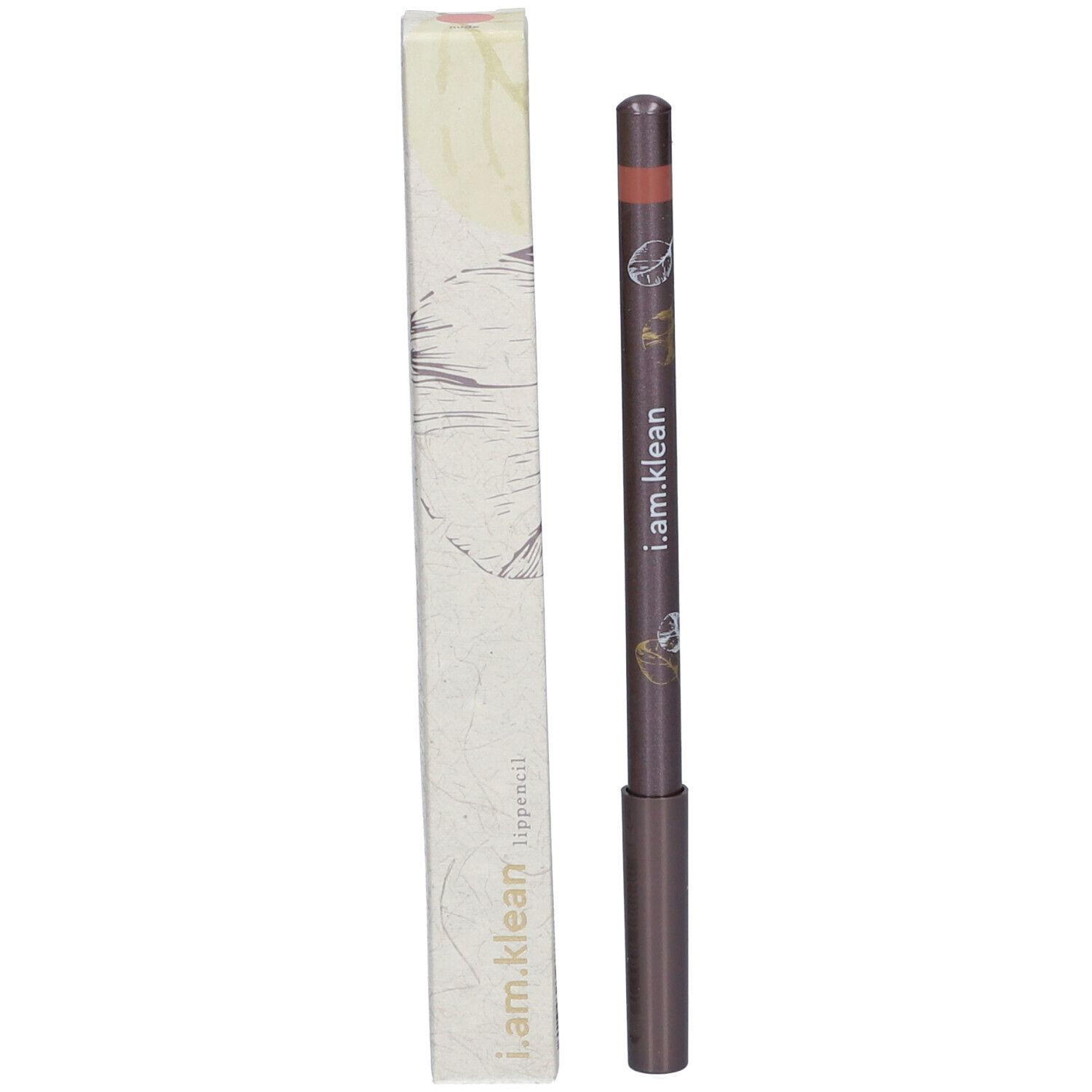 Lippenstift und Verpackung. Nude Lippenstift mit floralen Verzierungen. Verpackung mit Schriftzug i.am.klean lippencil.