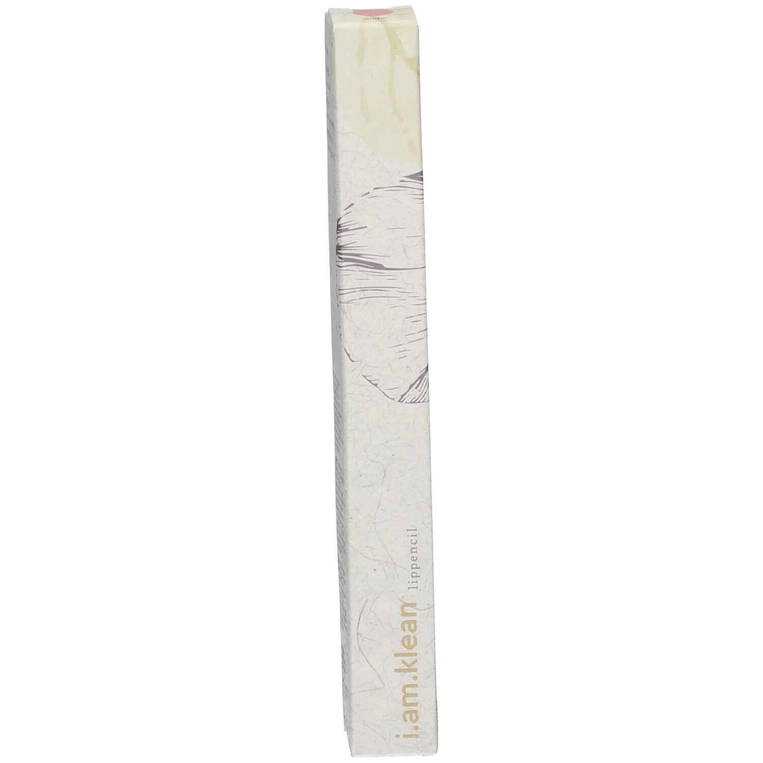 Verpackung für Lippenstift. Weiß mit floralen Mustern und Schriftzug i.am.klean lippencil.