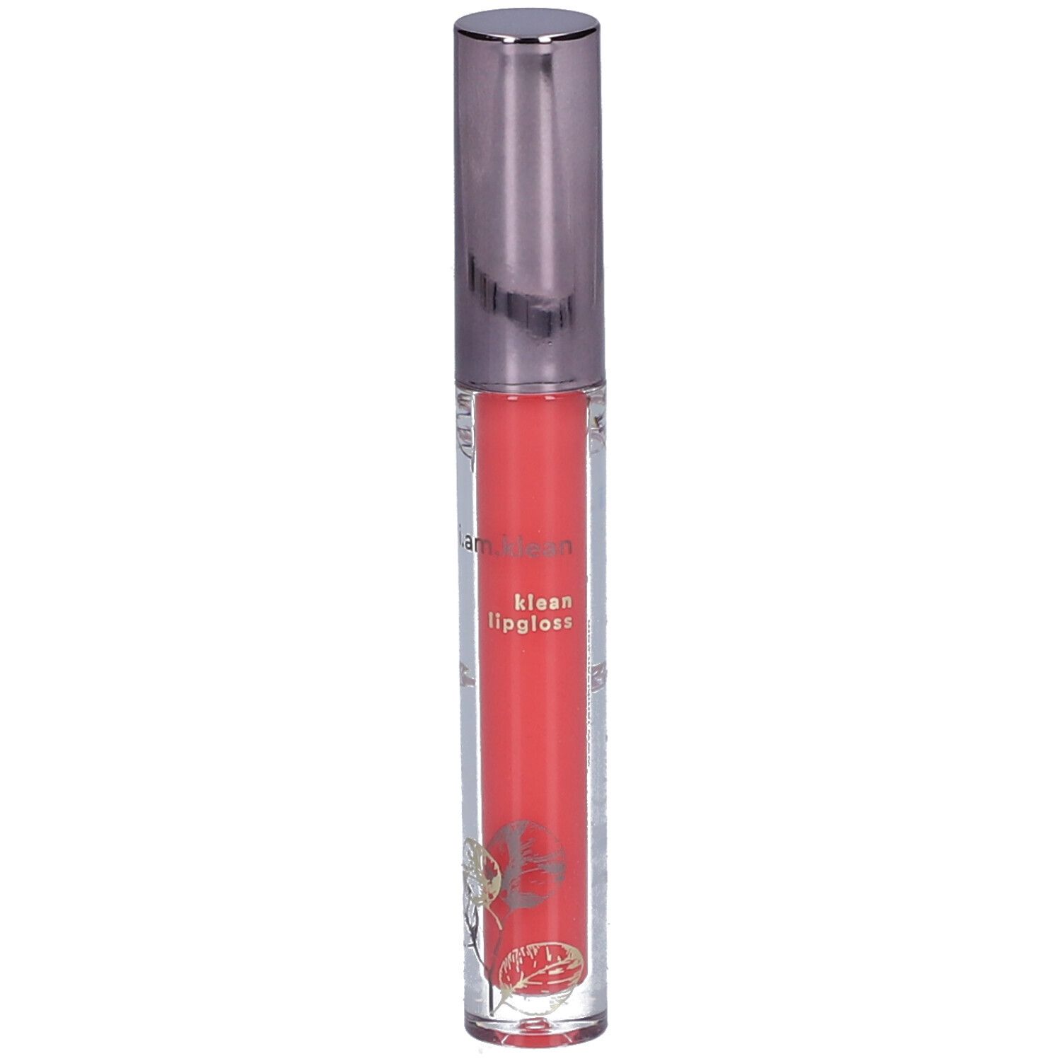 Klarer Lipgloss-Behälter mit korallenfarbenem Inhalt und silberfarbenem Deckel. Mit floralen Verzierungen.
