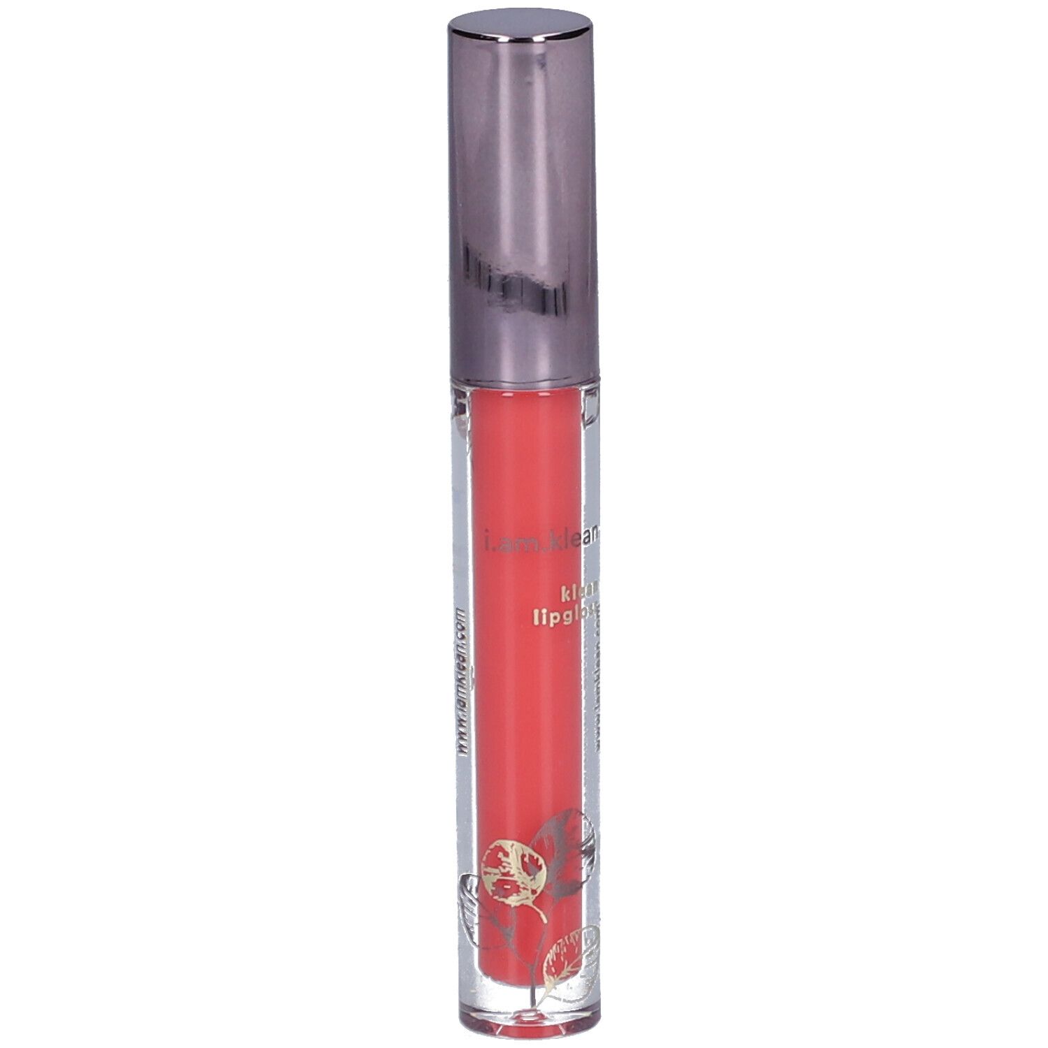 Klarer Lipgloss-Behälter mit korallenfarbenem Inhalt und silberfarbenem Deckel. Mit floralen Verzierungen.