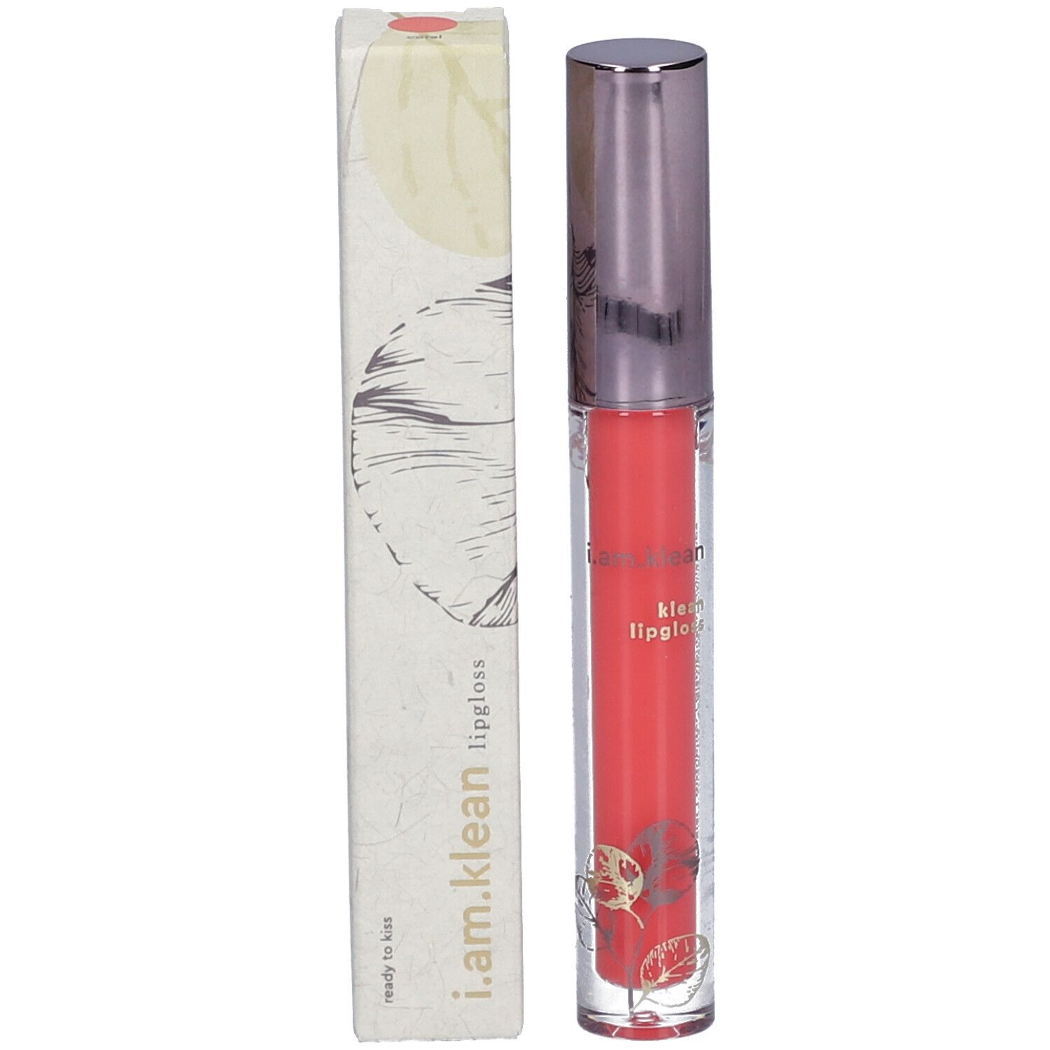 Lipgloss-Tube mit Verpackung. Tube mit korallenfarbenem Inhalt, silberfarbenem Deckel. Verpackung mit Logo.