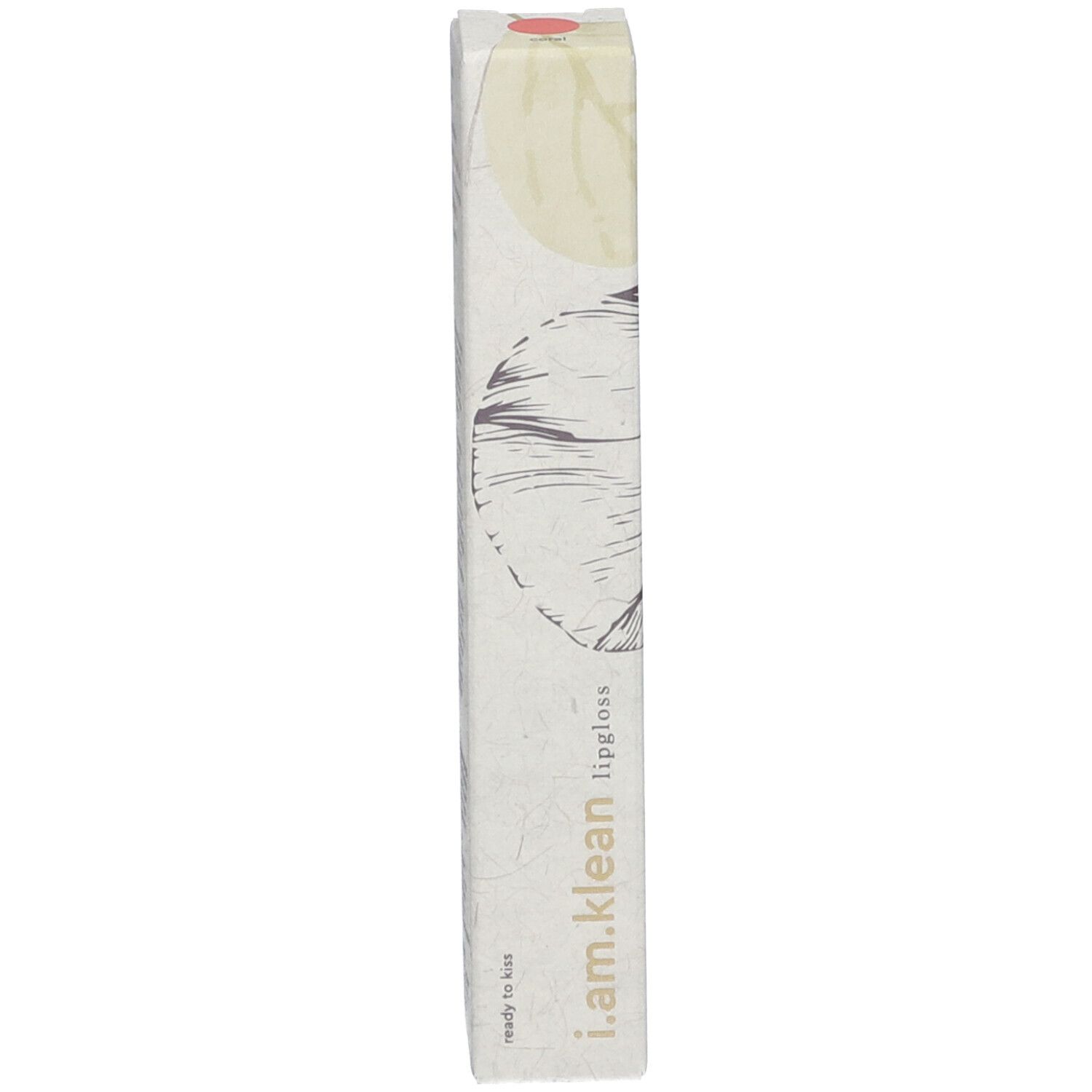 Schmale, rechteckige Verpackung für Lipgloss. Beige mit floralen Mustern und Produktinformationen.