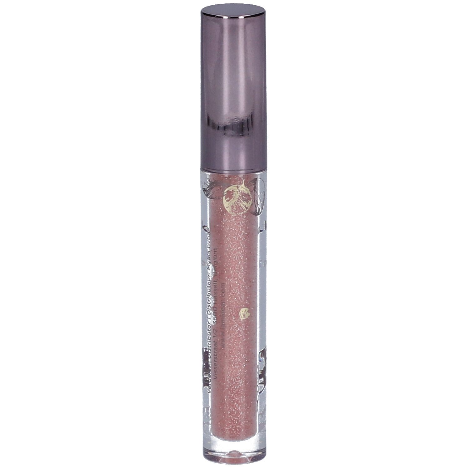 Glitterende lipgloss in een transparante tube met zilveren dop. Opschrift: i.am.klean lipgloss.