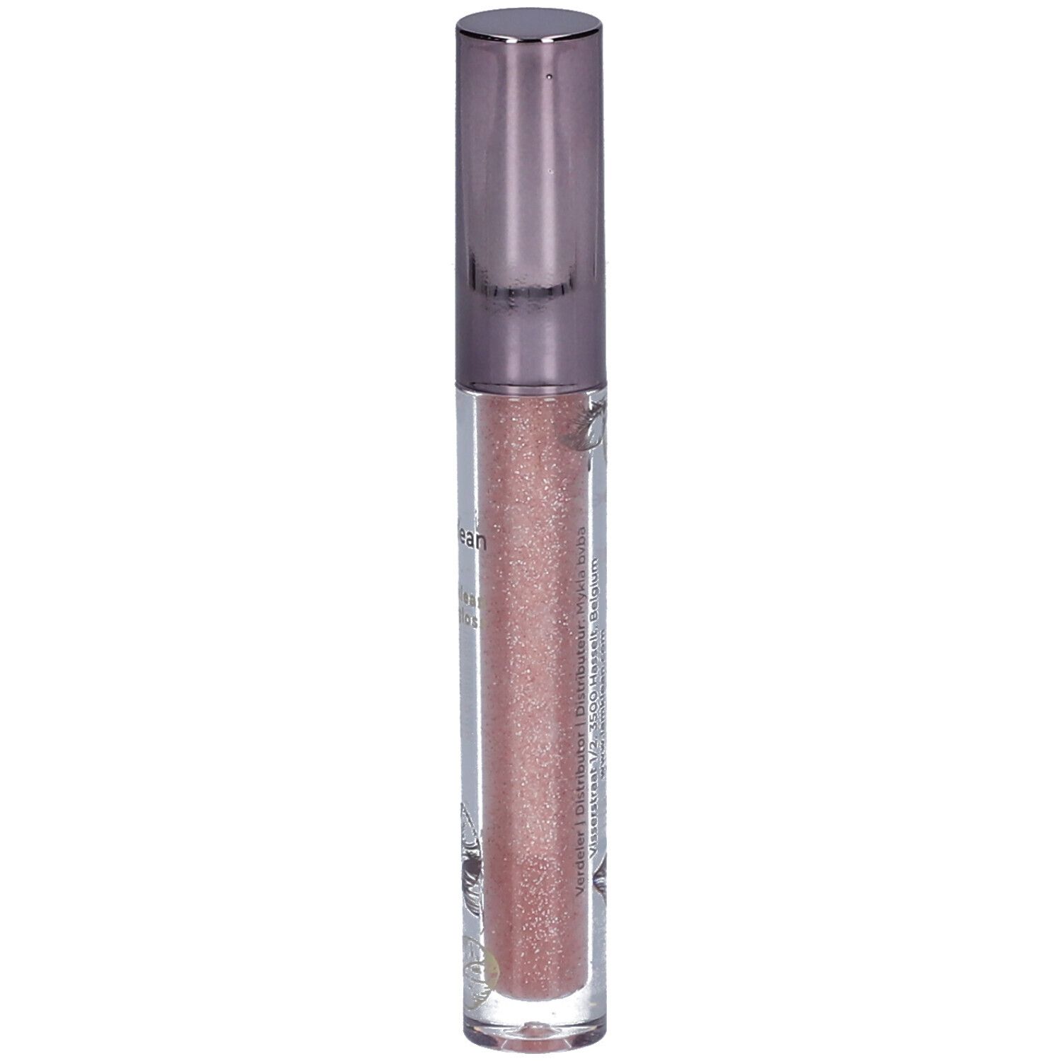 Glitterende lipgloss in een transparante tube met zilveren dop. Opschrift: i.am.klean lipgloss.