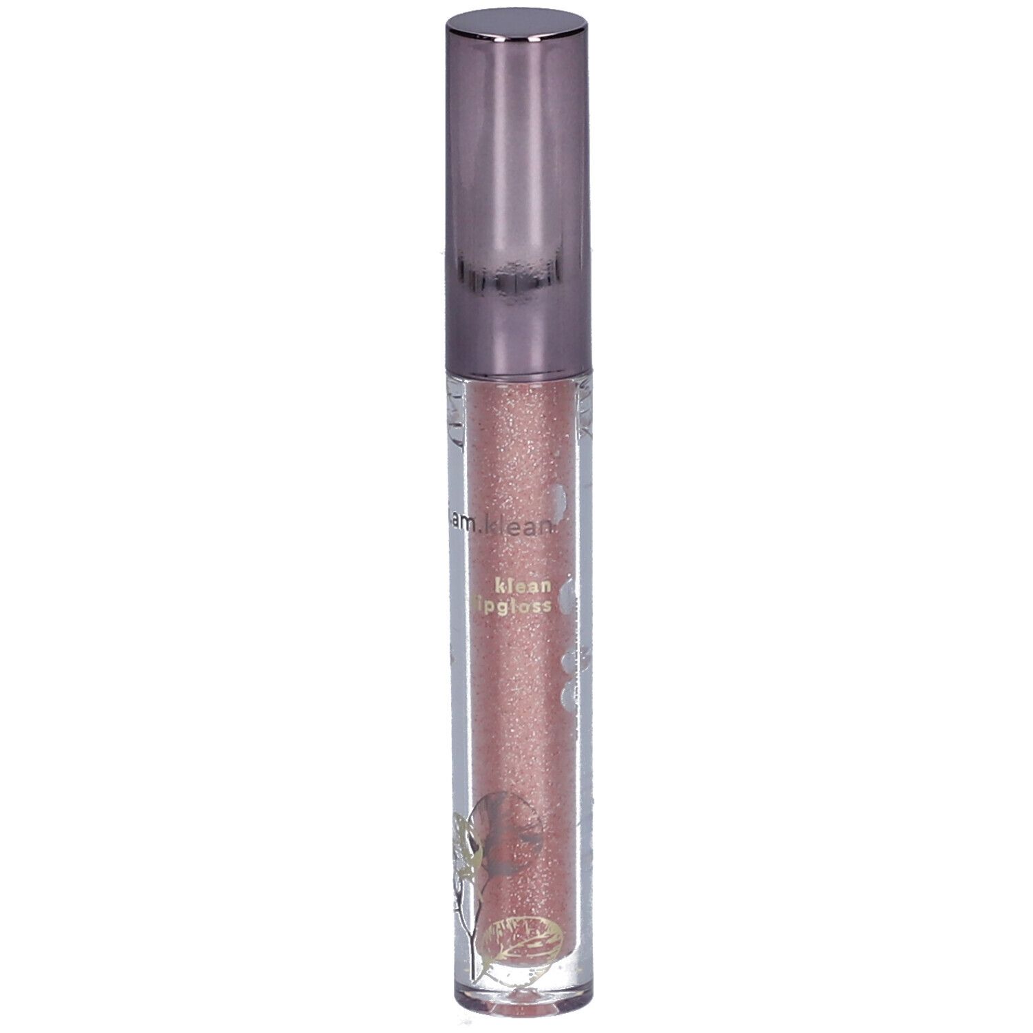 Glitterende lipgloss in een transparante tube met zilveren dop. Opschrift: i.am.klean lipgloss.