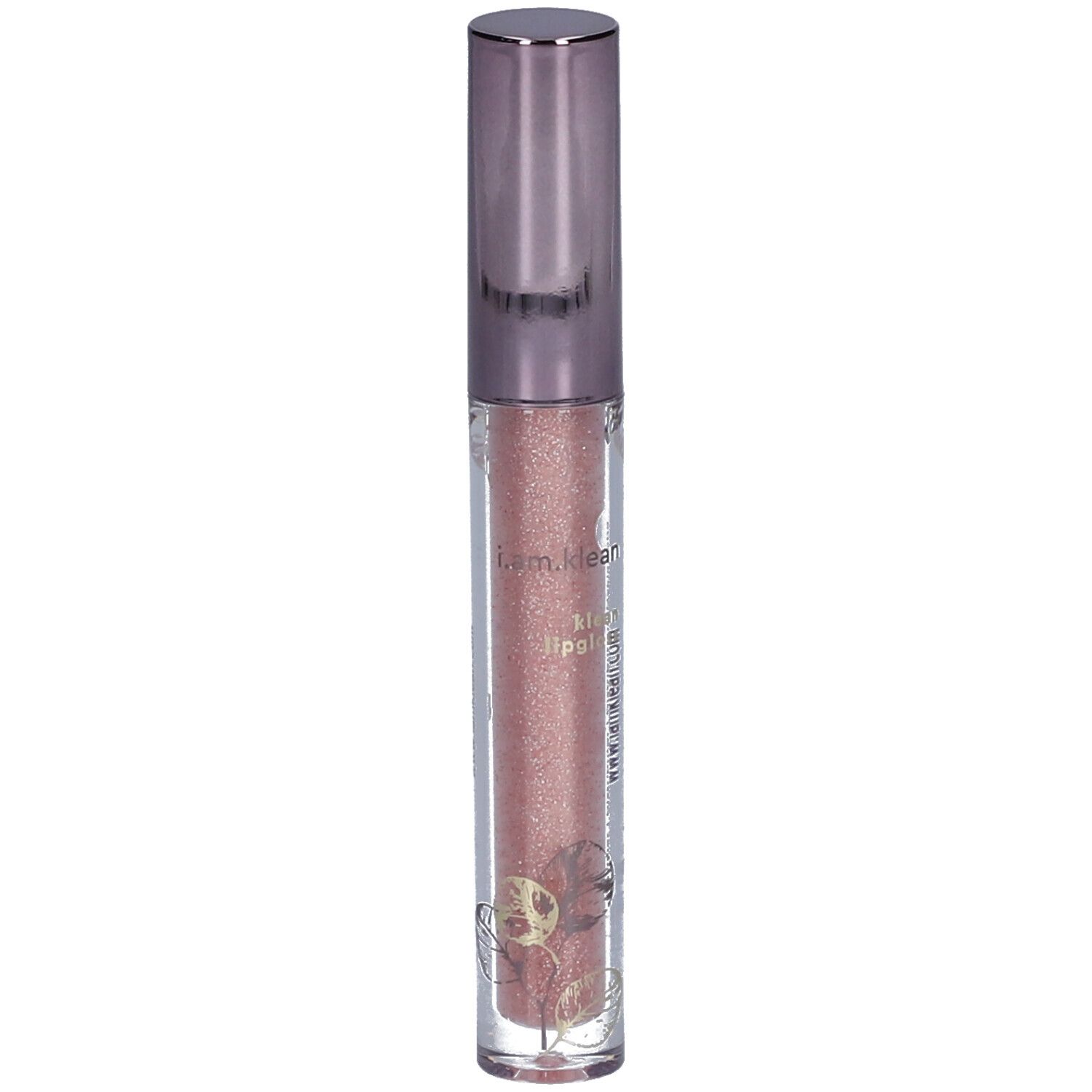 Glitterende lipgloss in een transparante tube met zilveren dop. Opschrift: i.am.klean lipgloss.