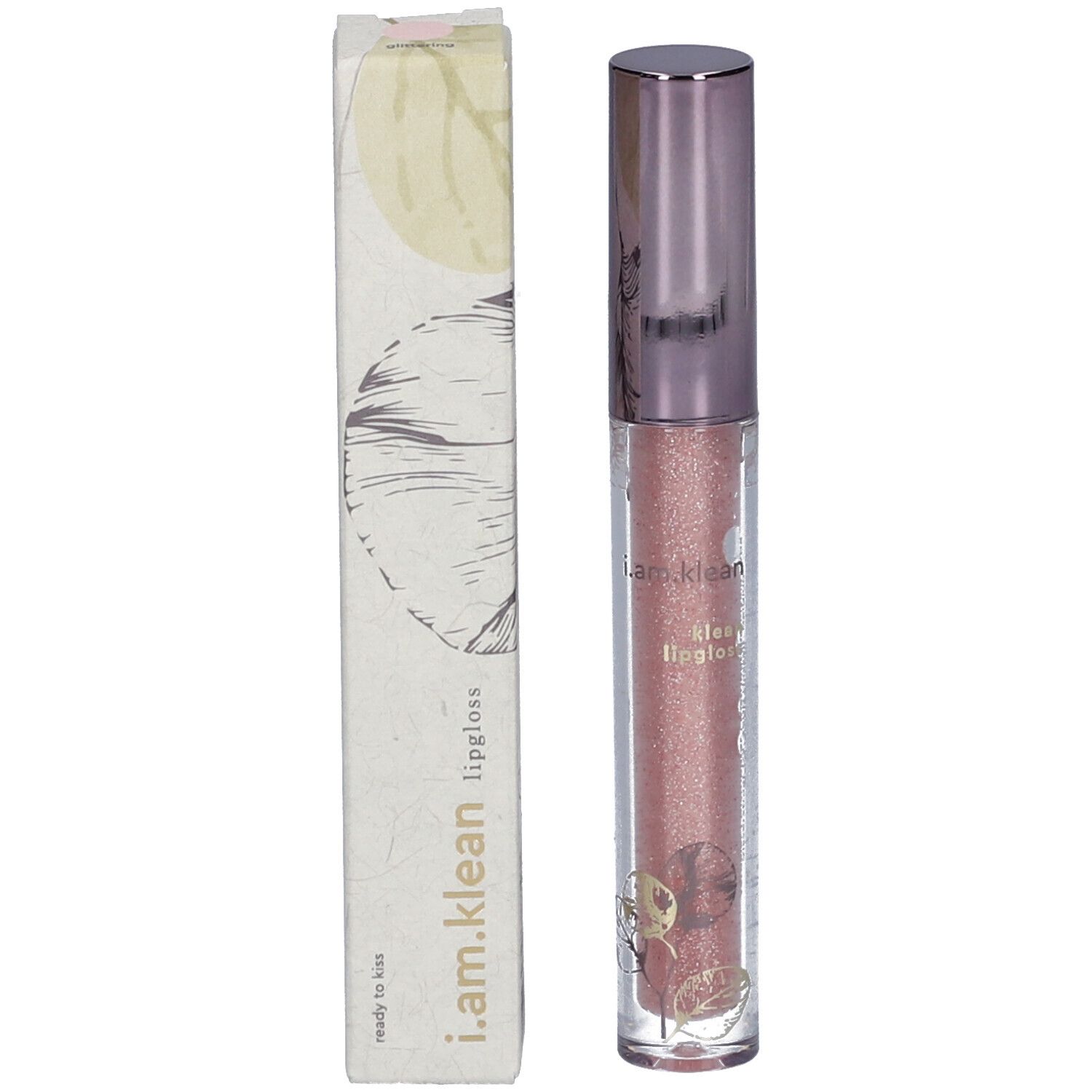Lipglosstube en verpakking. Verpakking met bloemmotief en opschrift: i.am.klean lipgloss.