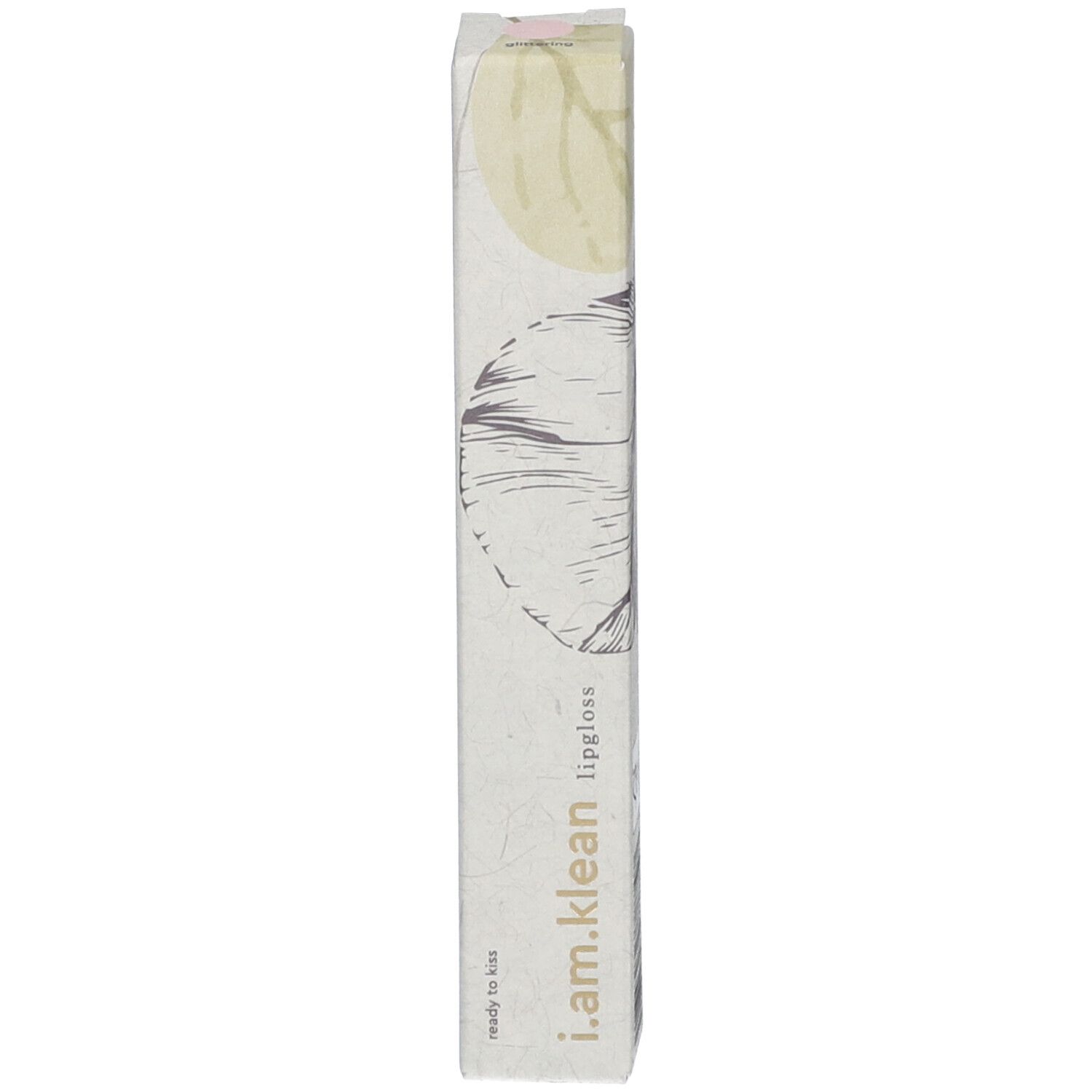 Verpakking voor lipgloss. Bloemmotief met opschrift: i.am.klean lipgloss.