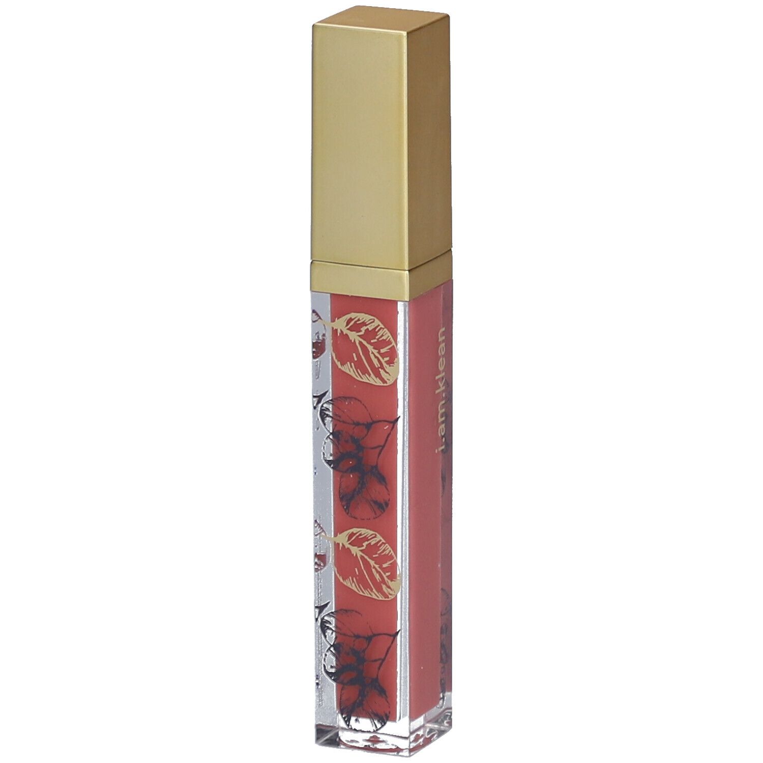 Lipgloss-Tube mit goldfarbenem Deckel. Auf dem transparenten Behälter sind Blätter und der Schriftzug i.am.klean zu sehen.
