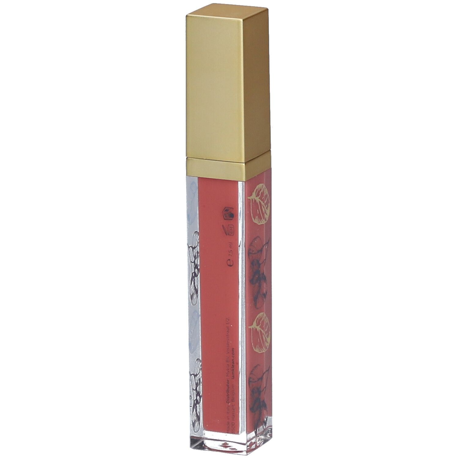 Lipgloss-Tube mit goldfarbenem Deckel. Auf dem transparenten Behälter sind Blätter und der Schriftzug i.am.klean zu sehen.