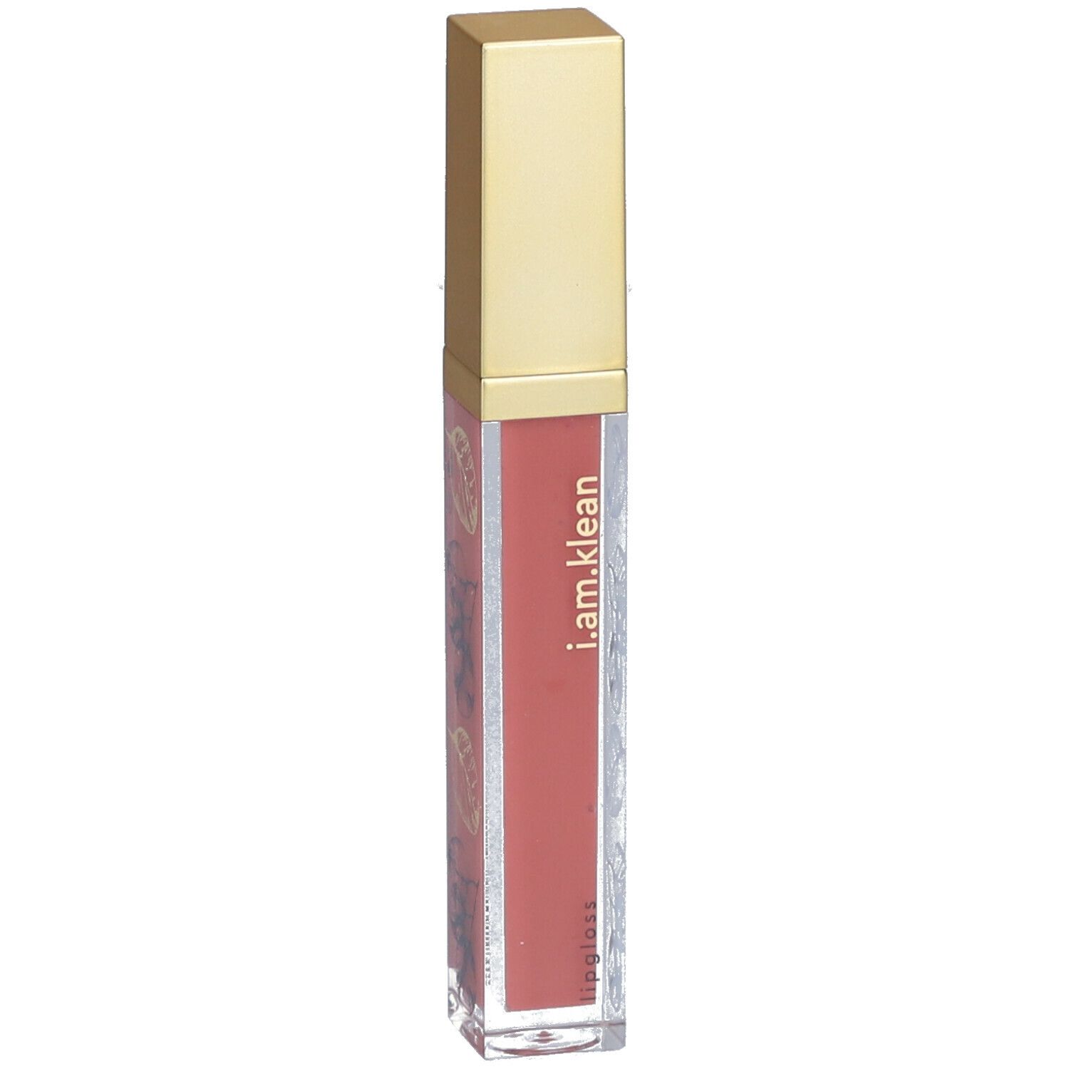 Lipgloss-Tube mit goldfarbenem Deckel. Auf dem transparenten Behälter sind Blätter und der Schriftzug i.am.klean zu sehen.