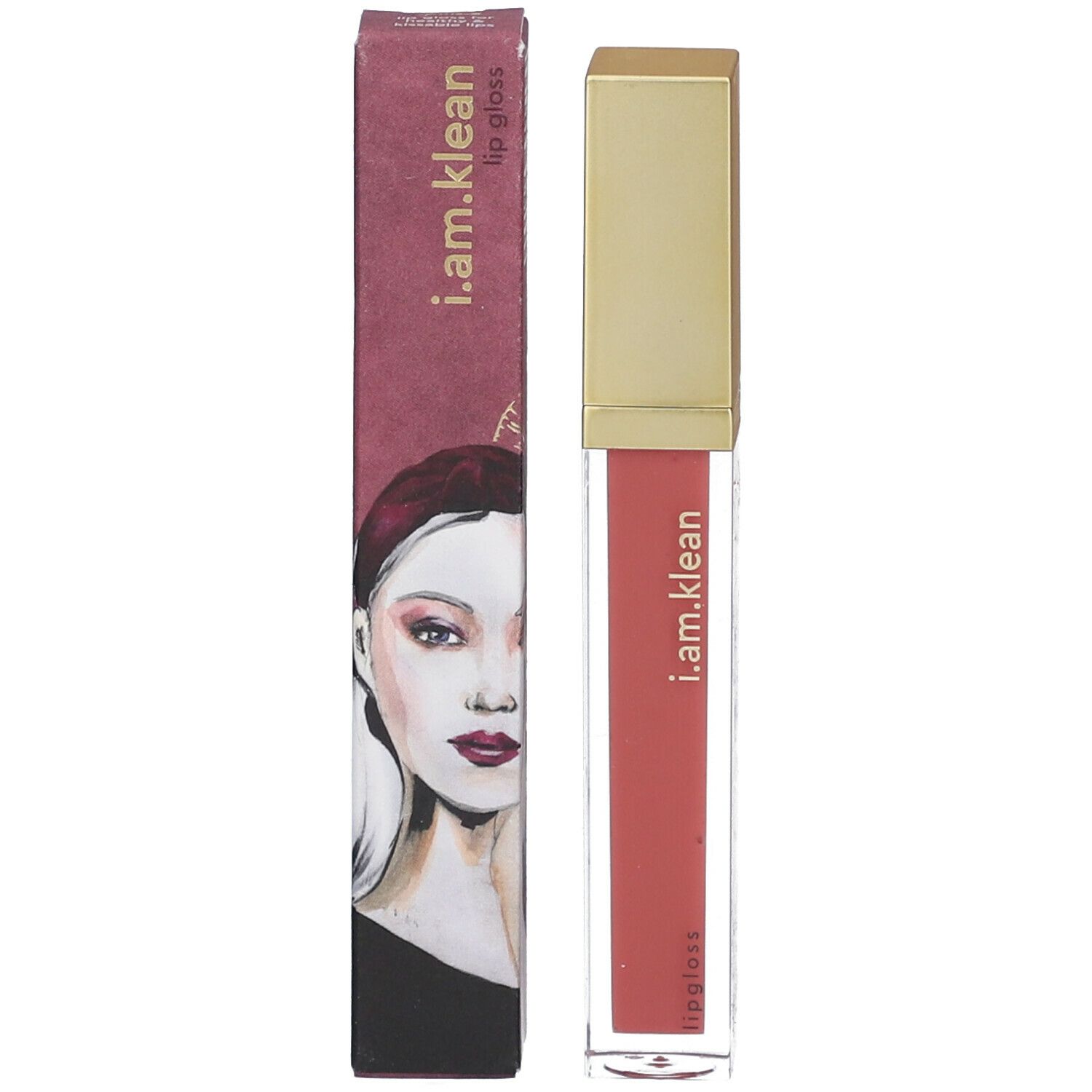 Lipgloss-Tube mit goldfarbenem Deckel und Verpackung. Auf der Verpackung ist ein Frauenporträt und der Schriftzug i.am.klean zu sehen.