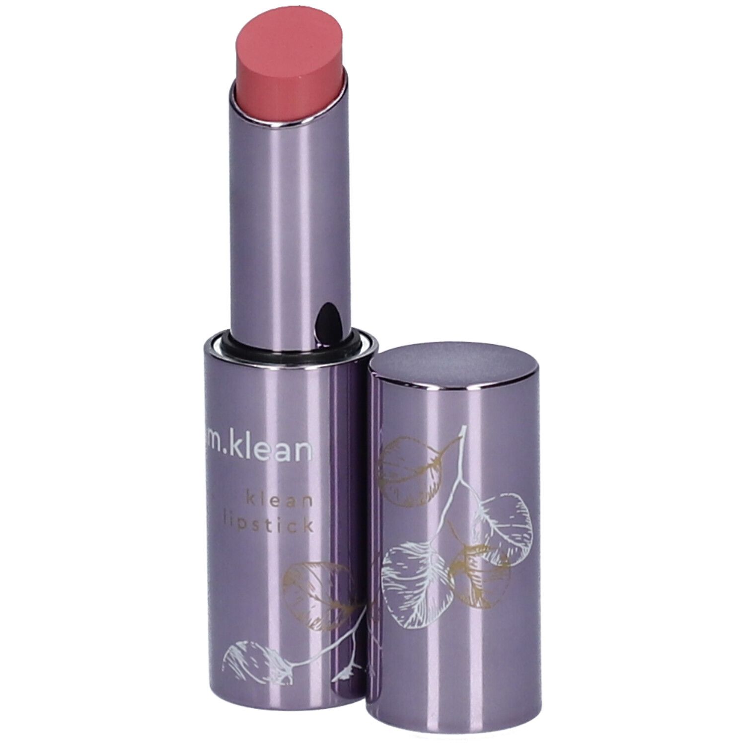 Lippenstift in lila Hülse. Rosa Lippenstiftspitze. Deckel daneben. Aufschrift: i.am.klean lipstick. Blattmuster.