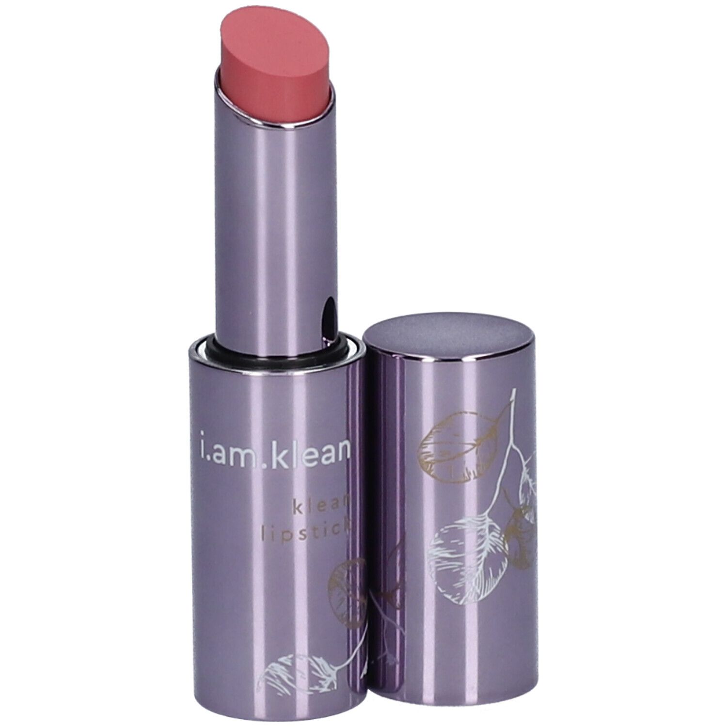 Lippenstift in lila Hülse. Rosa Lippenstiftspitze. Deckel daneben. Aufschrift: i.am.klean lipstick. Blattmuster.