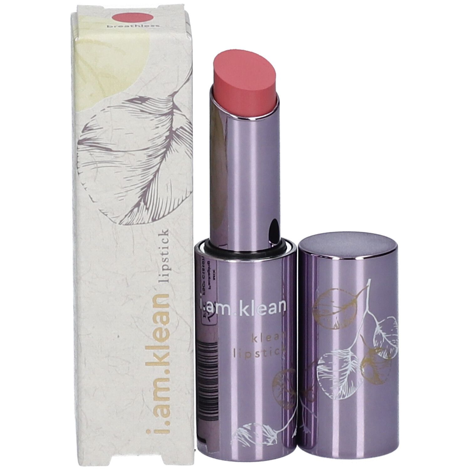 Lippenstift mit Verpackung. Rosa Lippenstiftspitze. Aufschrift: i.am.klean lipstick. Blattmuster. Verpackung: breathles.