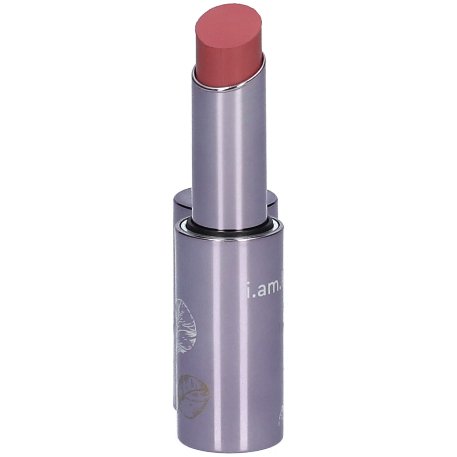Rosafarbener Lippenstift in silberfarbener Hülse. Die Lippenstiftspitze ist sichtbar. Auf der Hülse ist "i.am" zu sehen.