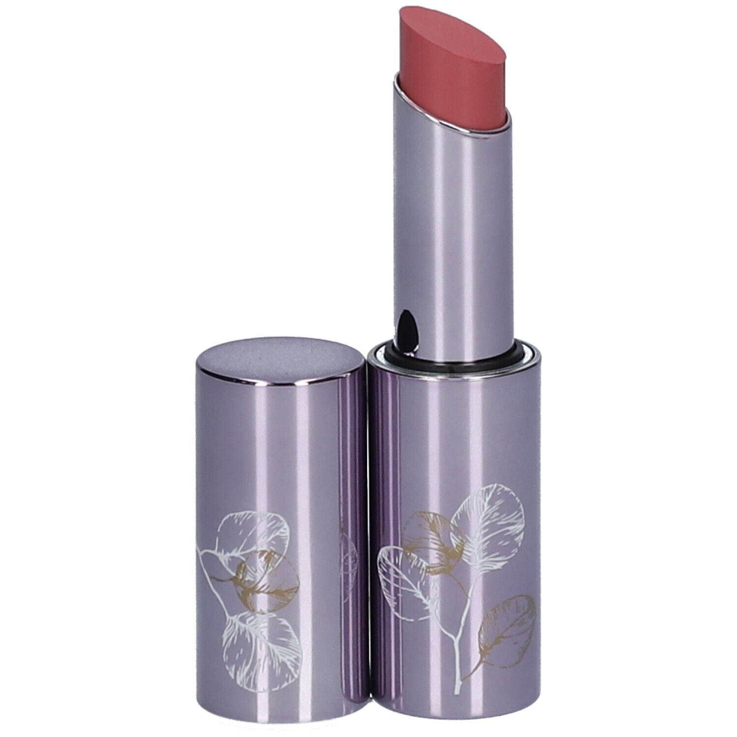 Lippenstift in silberfarbener Hülse mit geöffnetem Deckel. Rosa Lippenstiftspitze. Auf der Hülse ist ein Blattmuster.