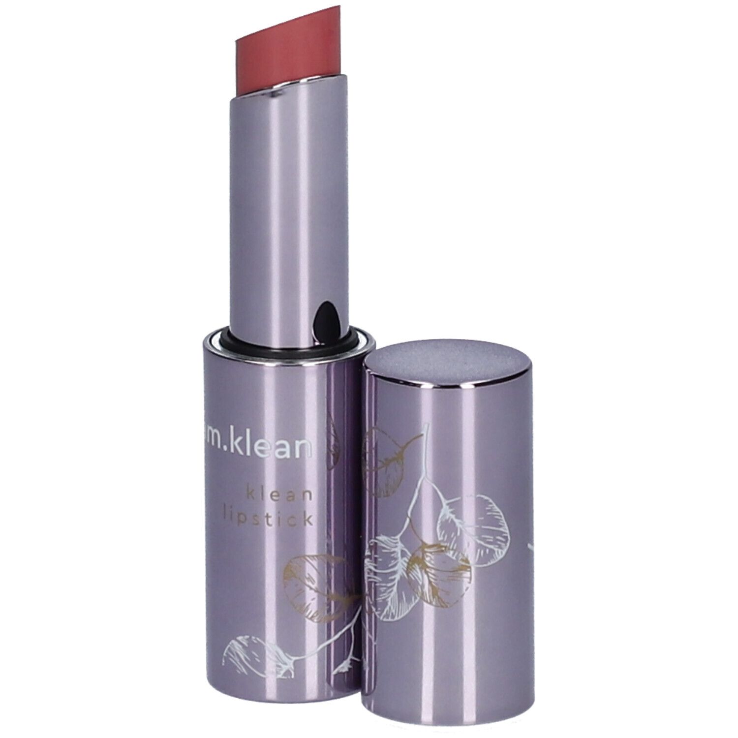 Lippenstift in silberfarbener Hülse mit geöffnetem Deckel. Rosa Lippenstiftspitze. Auf der Hülse steht "i.am.klean lipstick".