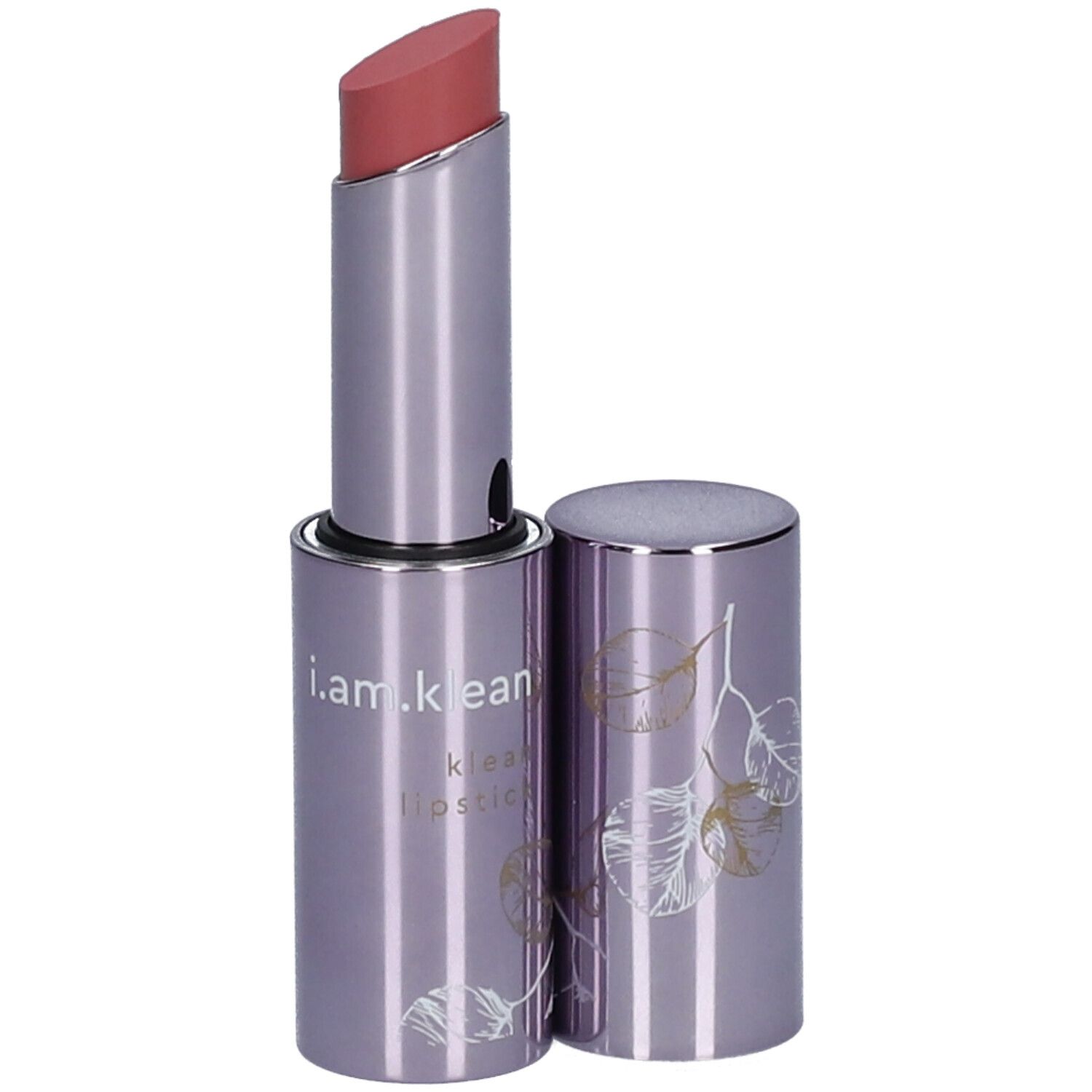 Lippenstift in silberfarbener Hülse mit geöffnetem Deckel. Rosa Lippenstiftspitze. Auf der Hülse steht "i.am.klean lipstick".