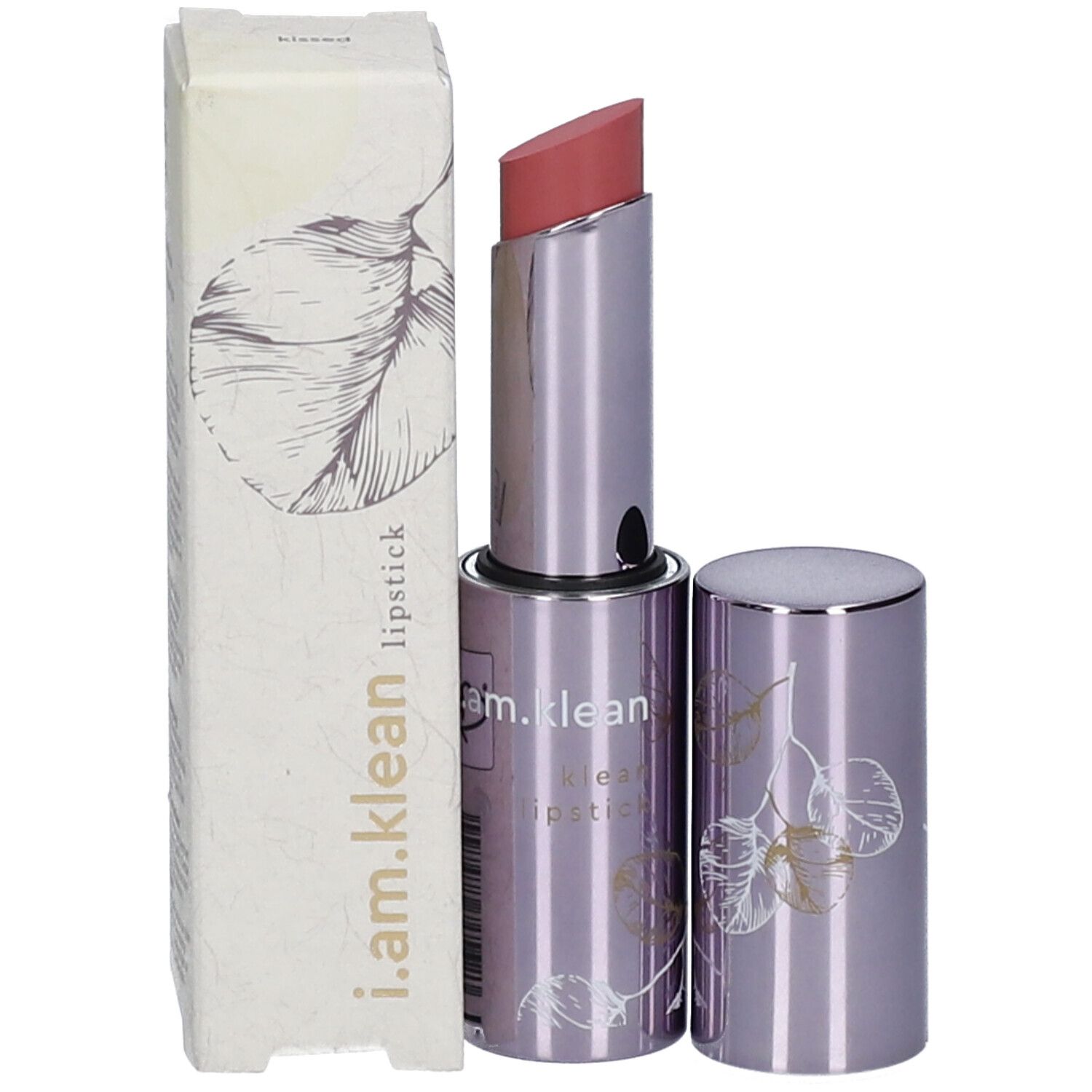 Lippenstift mit Verpackung. Rosa Lippenstiftspitze. Auf der Hülse steht "i.am.klean lipstick". Verpackung mit Blattmuster.