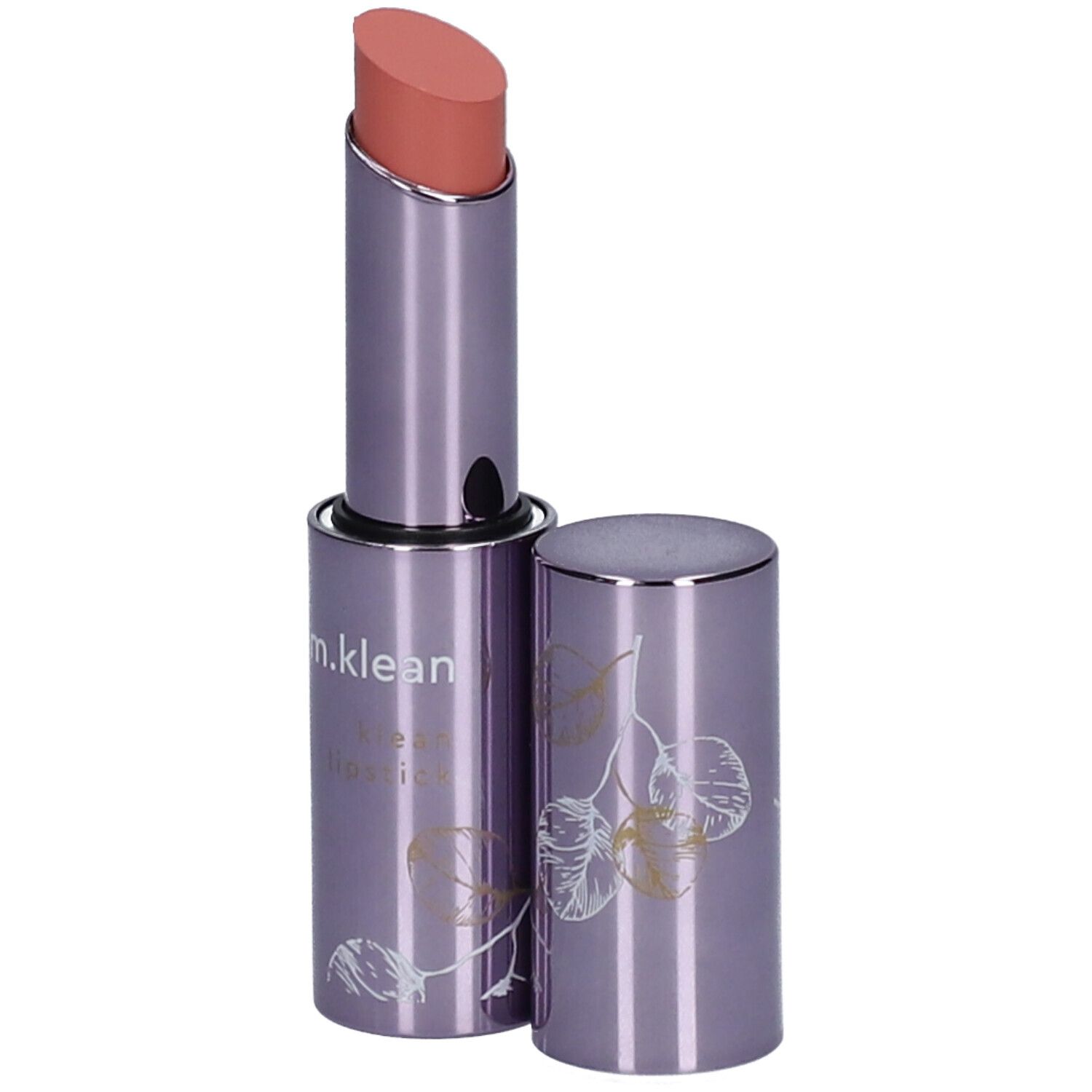 Lippenstift mit geöffneter Hülse. Rosa Lippenstiftstift, silberne Hülse mit floralem Muster und Schriftzug. Deckel daneben.