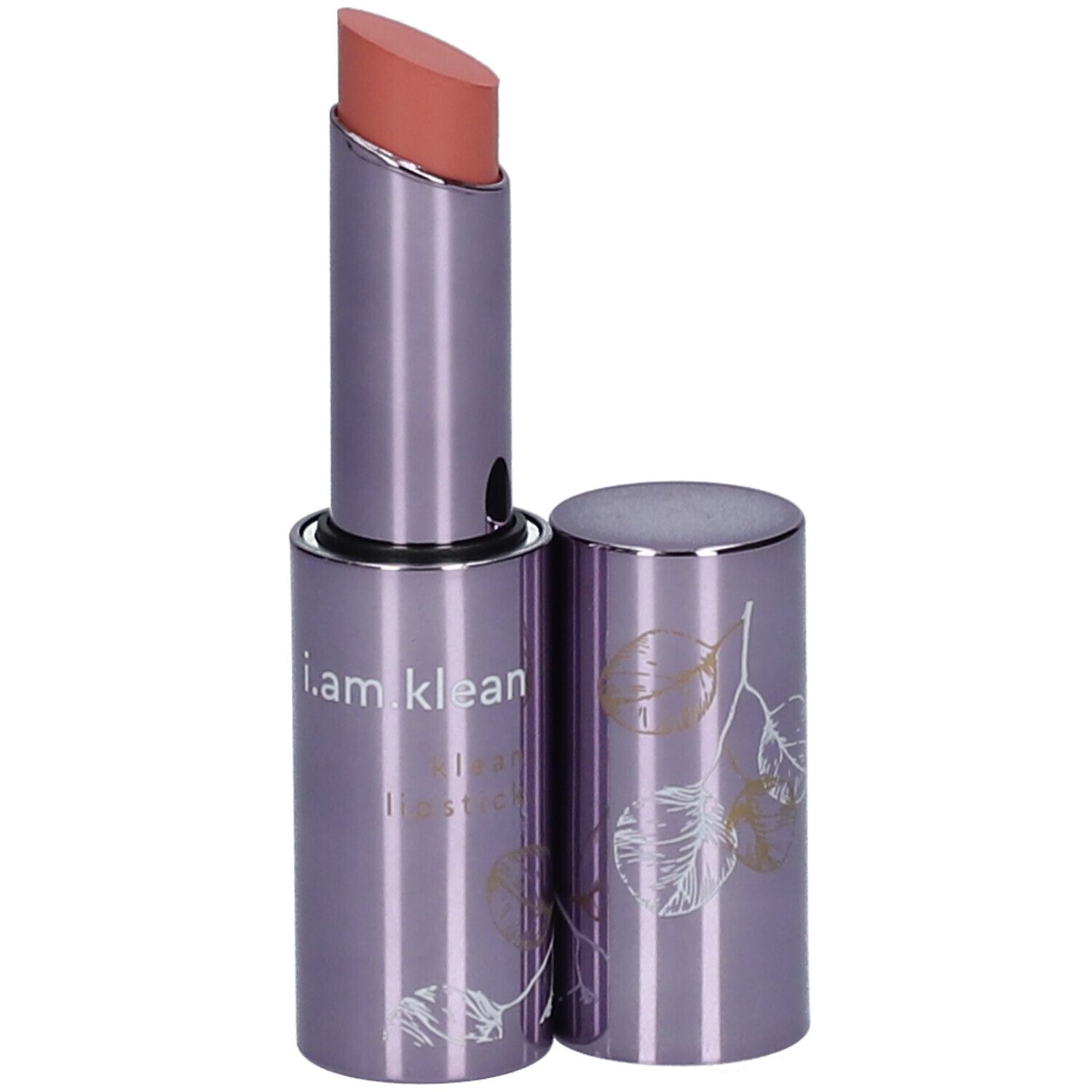 Lippenstift mit geöffneter Hülse. Rosa Lippenstiftstift, silberne Hülse mit floralem Muster und Schriftzug. Deckel daneben.