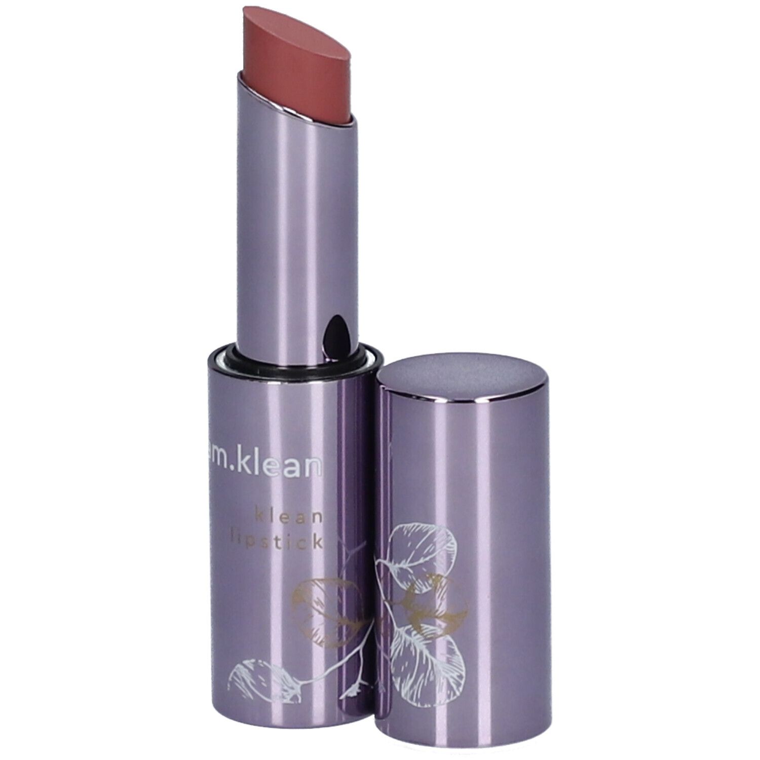 Lippenstift in lila Hülse. Rosa Lippenstiftspitze. Deckel daneben. Aufschrift: i.am.klean, klean lipstick.