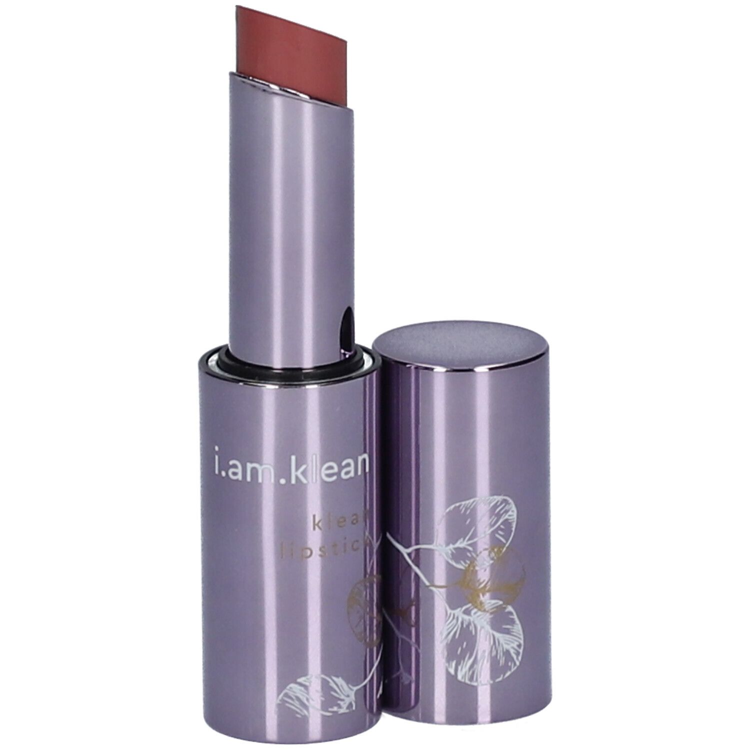 Lippenstift in lila Hülse. Rosa Lippenstiftspitze. Deckel daneben. Aufschrift: i.am.klean, klean lipstick.