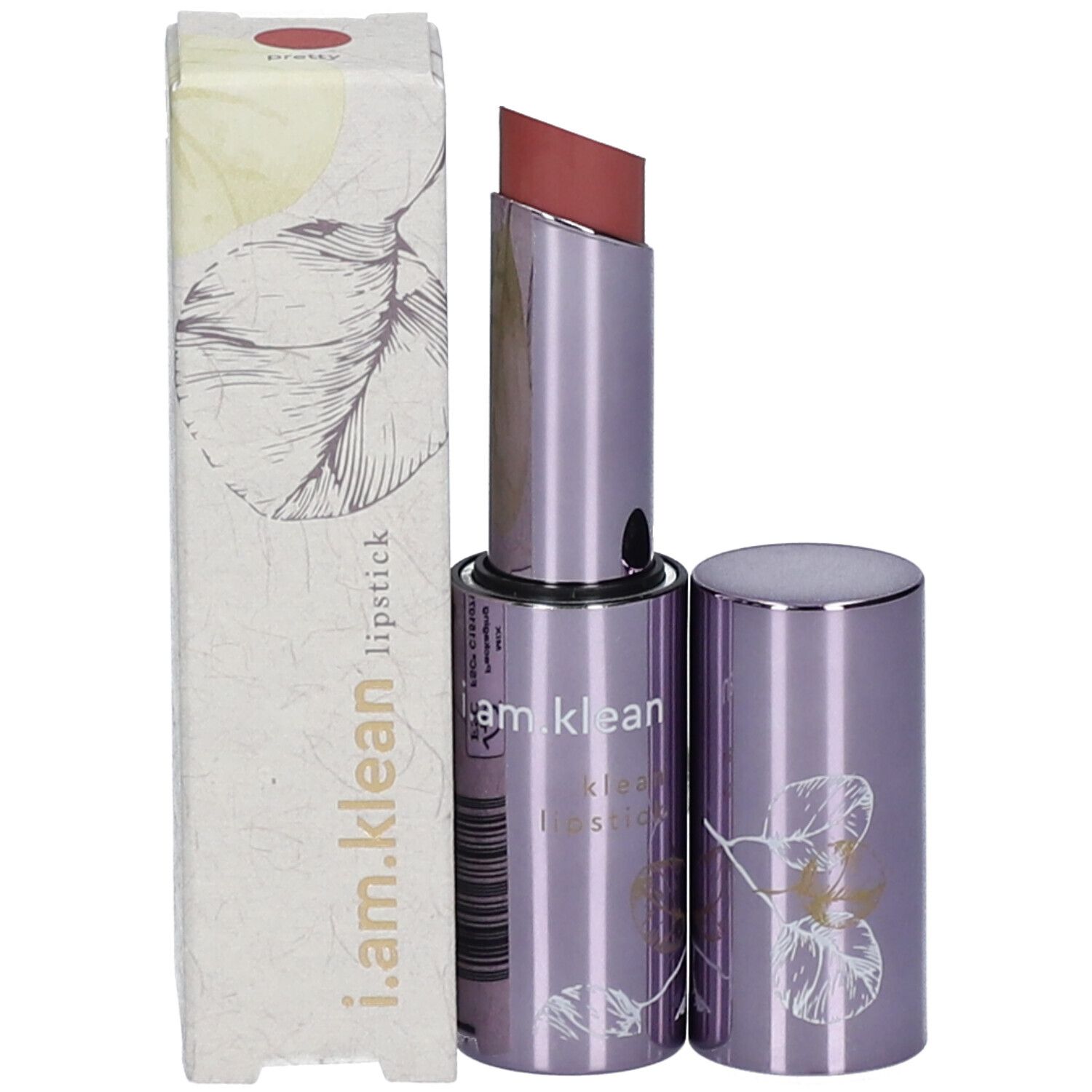 Lippenstift mit Verpackung. Lila Hülse, rosa Lippenstiftspitze. Aufschrift: i.am.klean, klean lipstick.