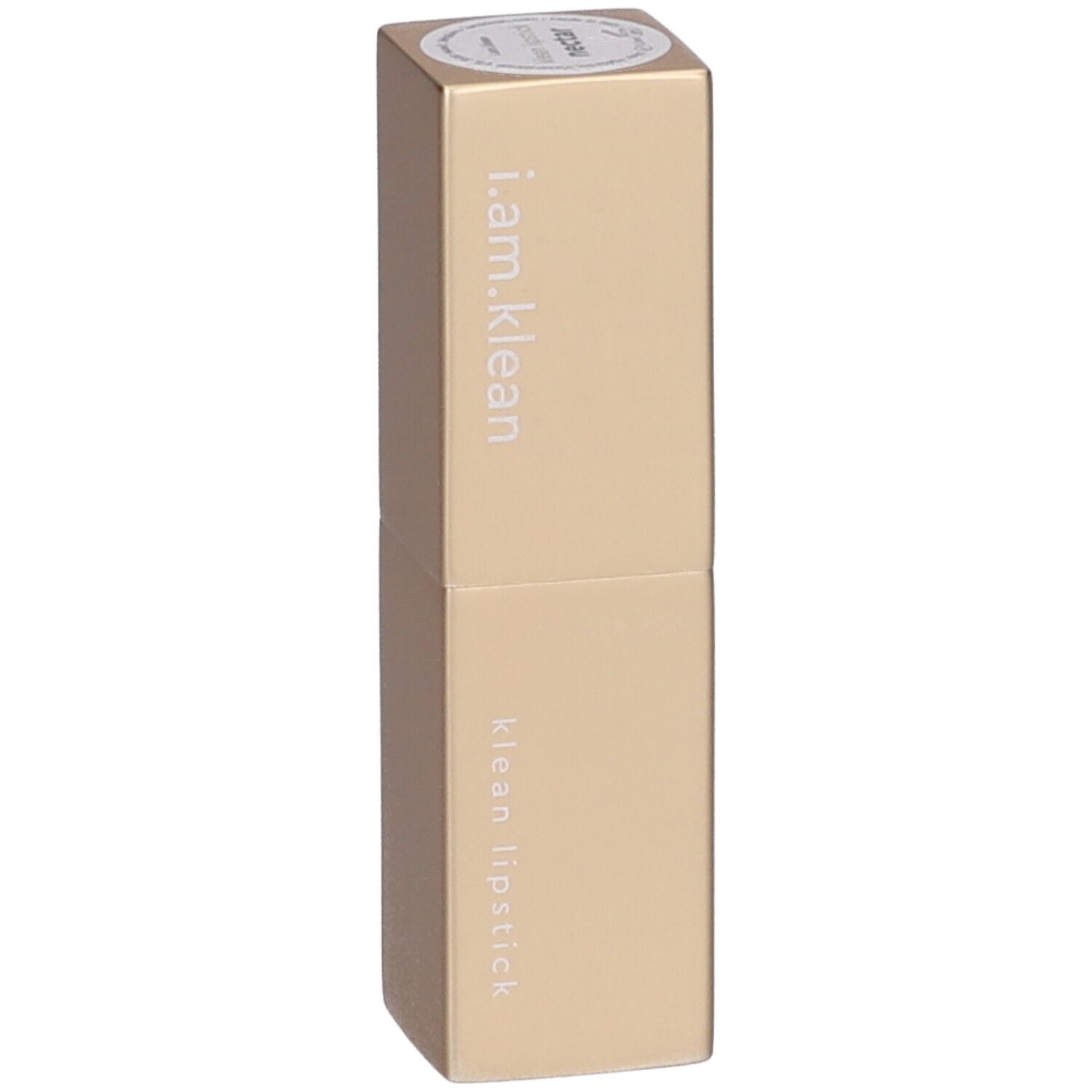 Goldfarbener Lippenstift von i.am.klean. Aufschrift: klean lipstick. Runde Aufkleber auf der Oberseite.